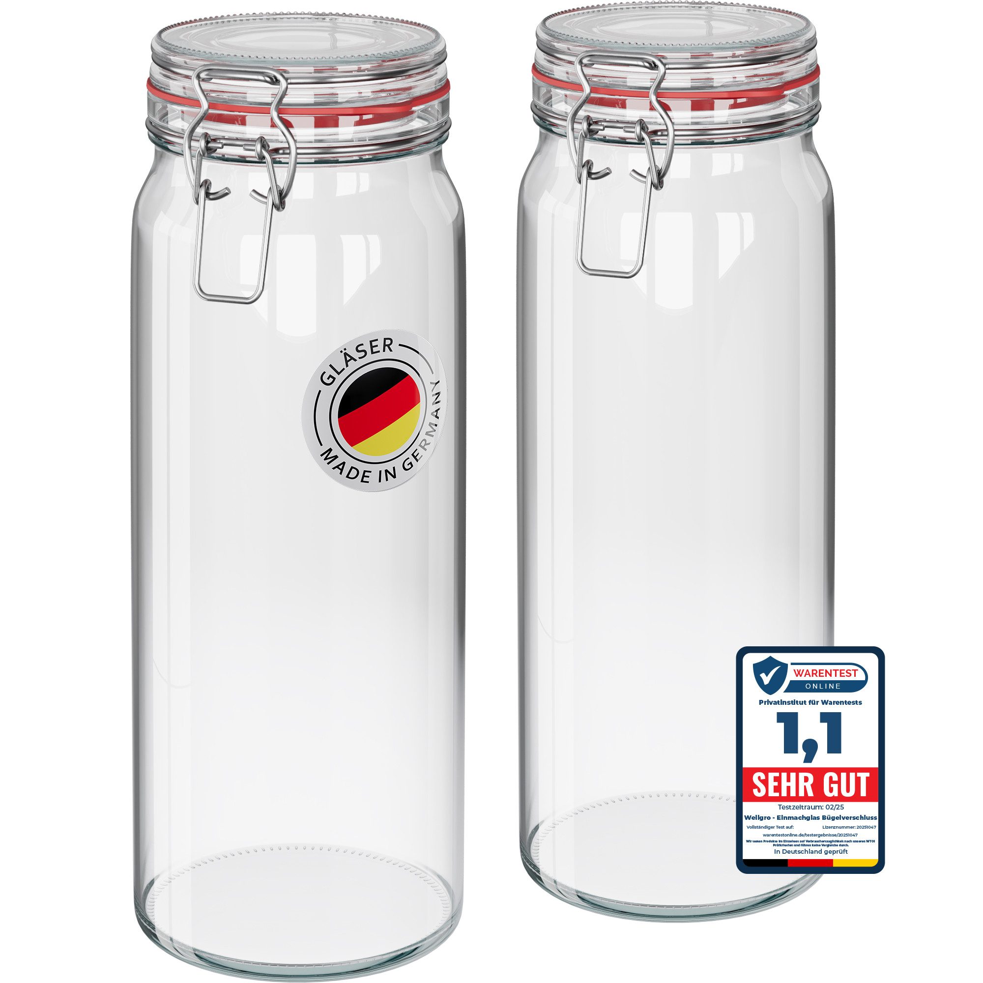Wellgro Vorratsglas Einmachgläser mit Bügelverschluss rund, Fermentierglas, (2-tlg)