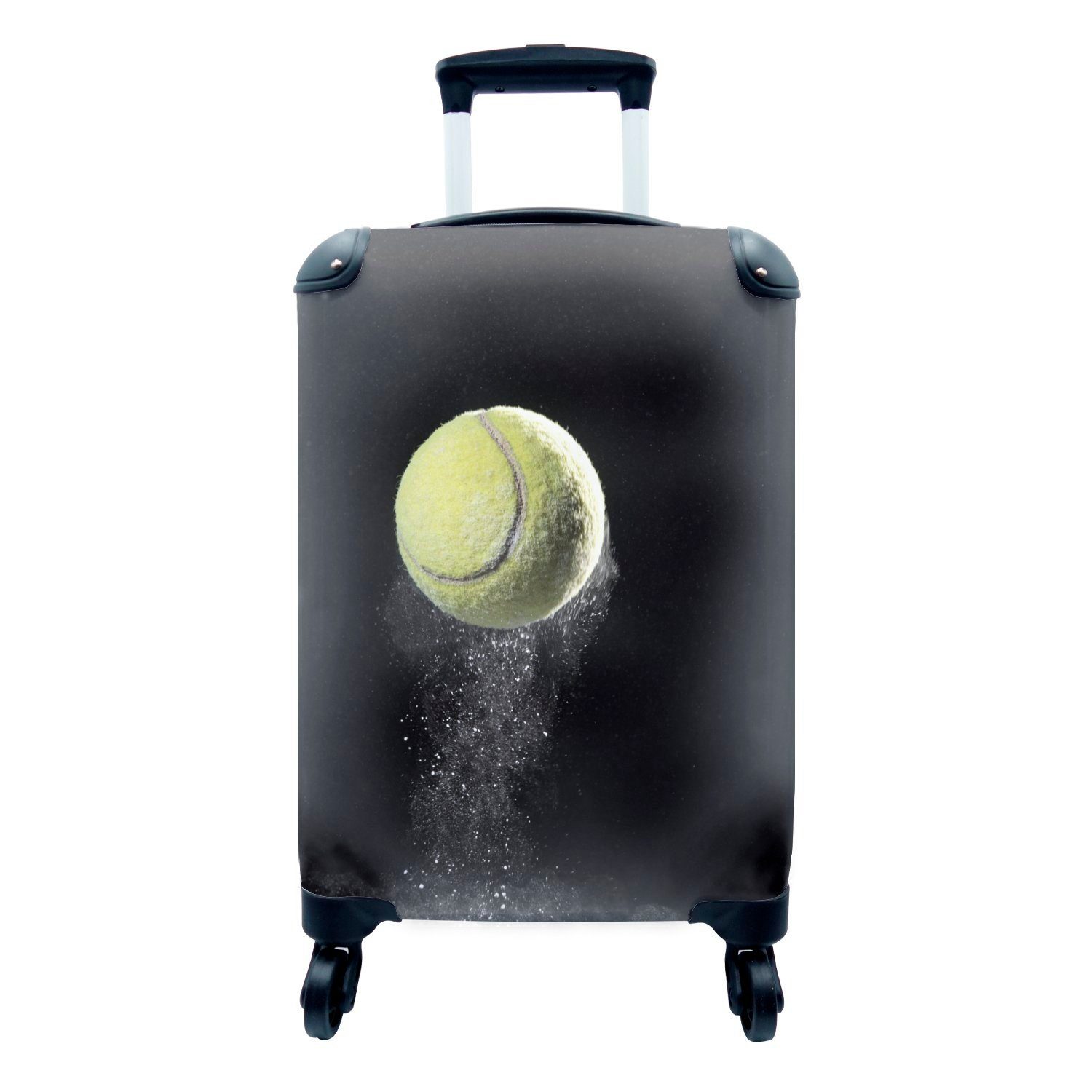 MuchoWow Handgepäckkoffer Kreidepartikel von einem Tennisball auf schwarzem Hintergrund, 4 Rollen, Reisetasche mit rollen, Handgepäck für Ferien, Trolley, Reisekoffer