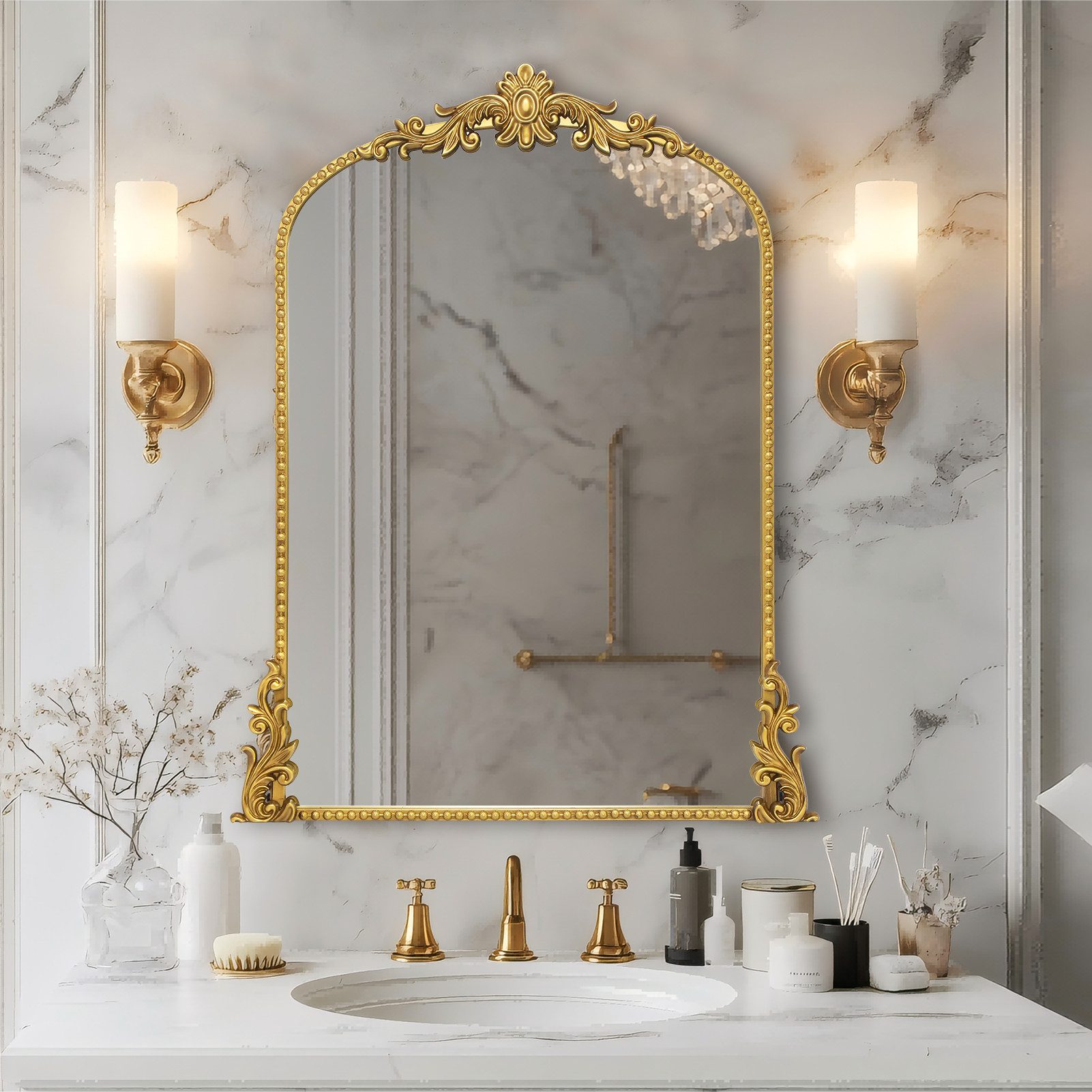 G-LEAF Wandspiegel Barock Spiegel mit Antik-Finish, Vintage Wandspiegel (1-St), mit Blumen-Relief & Perlenrand, für Badezimmer, Wohnzimmer & Flur
