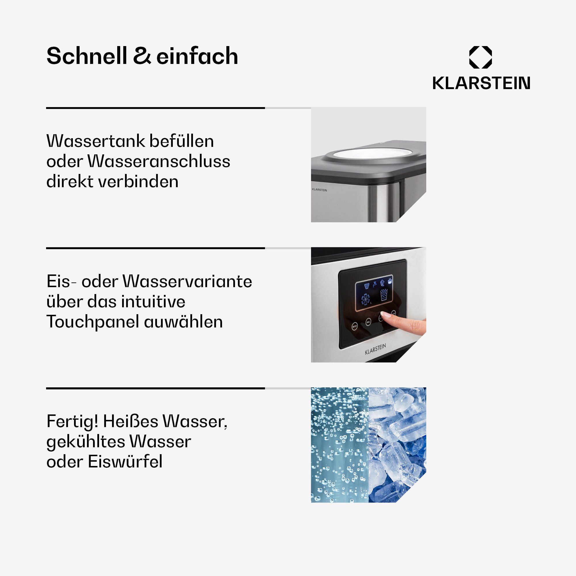 Klarstein Eiswürfelmaschine Aqueous Eiswürfelmaschine 3-in-1 20 kg/24h Eis+Eiswasser+Heißwasser 3L, Eiswürfelbereiter Ice Cube Maker mit Wasserspender & Eisscha – Bild 5 von 5