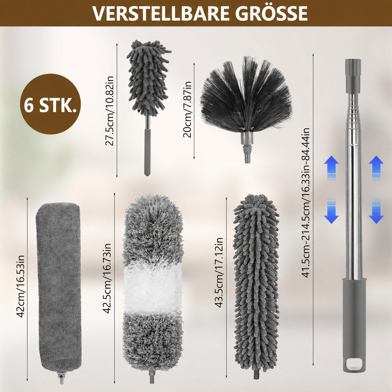 BlingBin Staubwedel Teleskop Waschbar Mikrofaser Duster Verbiegbare Staubfänger (Teleskop Staubwedel, 6-St., mit Teleskopstange 280 cm), Waschbar, elektrostatisch, flexibel biegbar, für Decken und Jalousien