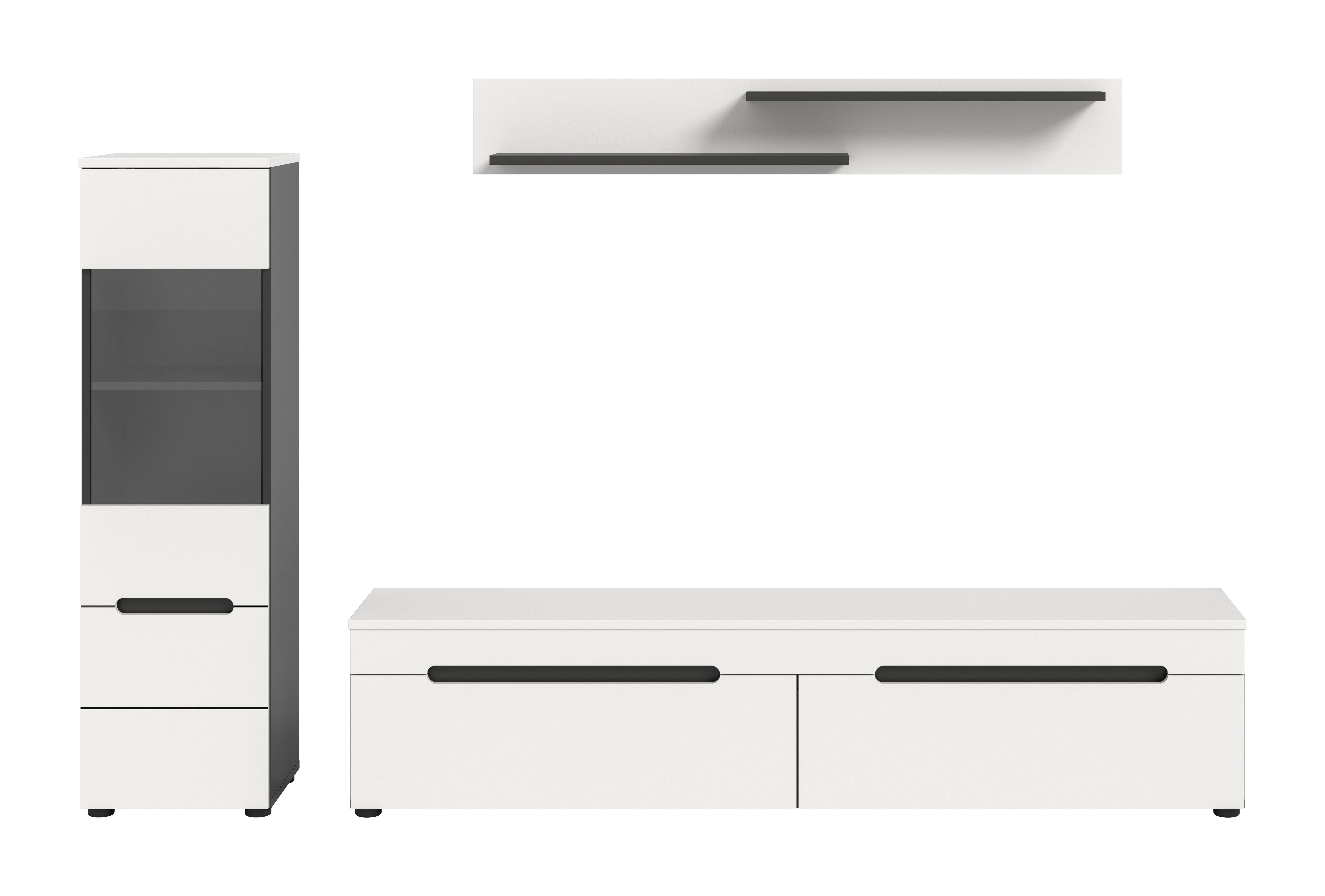 furnling Wohnzimmer-Set Cano, (3-St., Lowboard, Vitrine, Wandboard), Wohnzimmermöbel, Komplett-Set, Breite 221 cm, Basalt grau/weiß