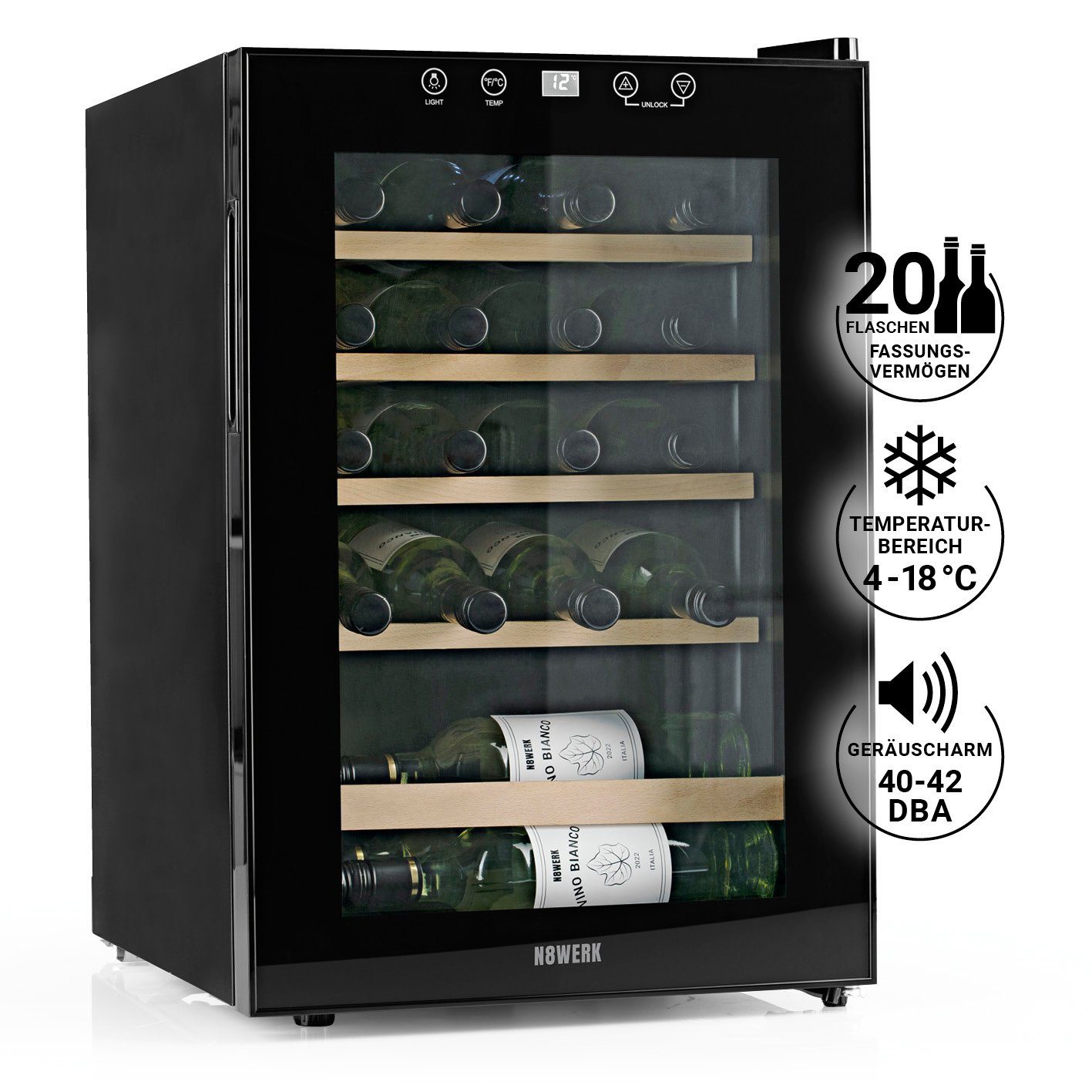 N8WERK Weinkühlschrank 20 Flaschen Kompressor Flaschenkühlschrank, für 20 Standardflaschen á 0,75l,JC-62E/HC HolzEinlegeböden vibrationsfreie Kühlung