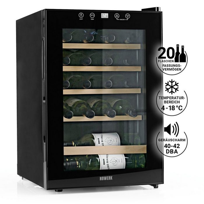 N8WERK Weinkühlschrank 20 Flaschen Kompressor Flaschenkühlschrank für 20 Standardflaschen á 0 75l JC-62E/HC HolzEinlegeböden vibrationsfreie Kühlung