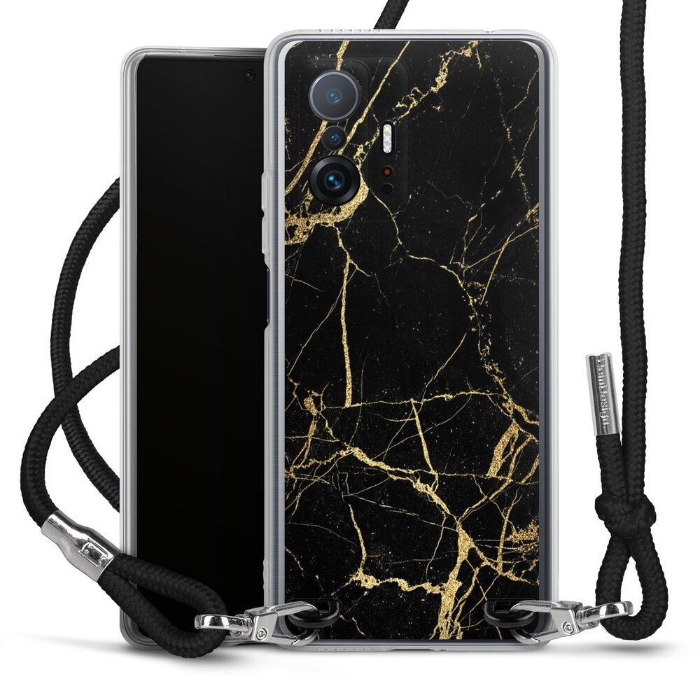 DeinDesign Handyhülle Marmor schwarz Muster BlackGoldMarble Look, Xiaomi 11T Pro 5G Handykette Hülle mit Band Case zum Umhängen