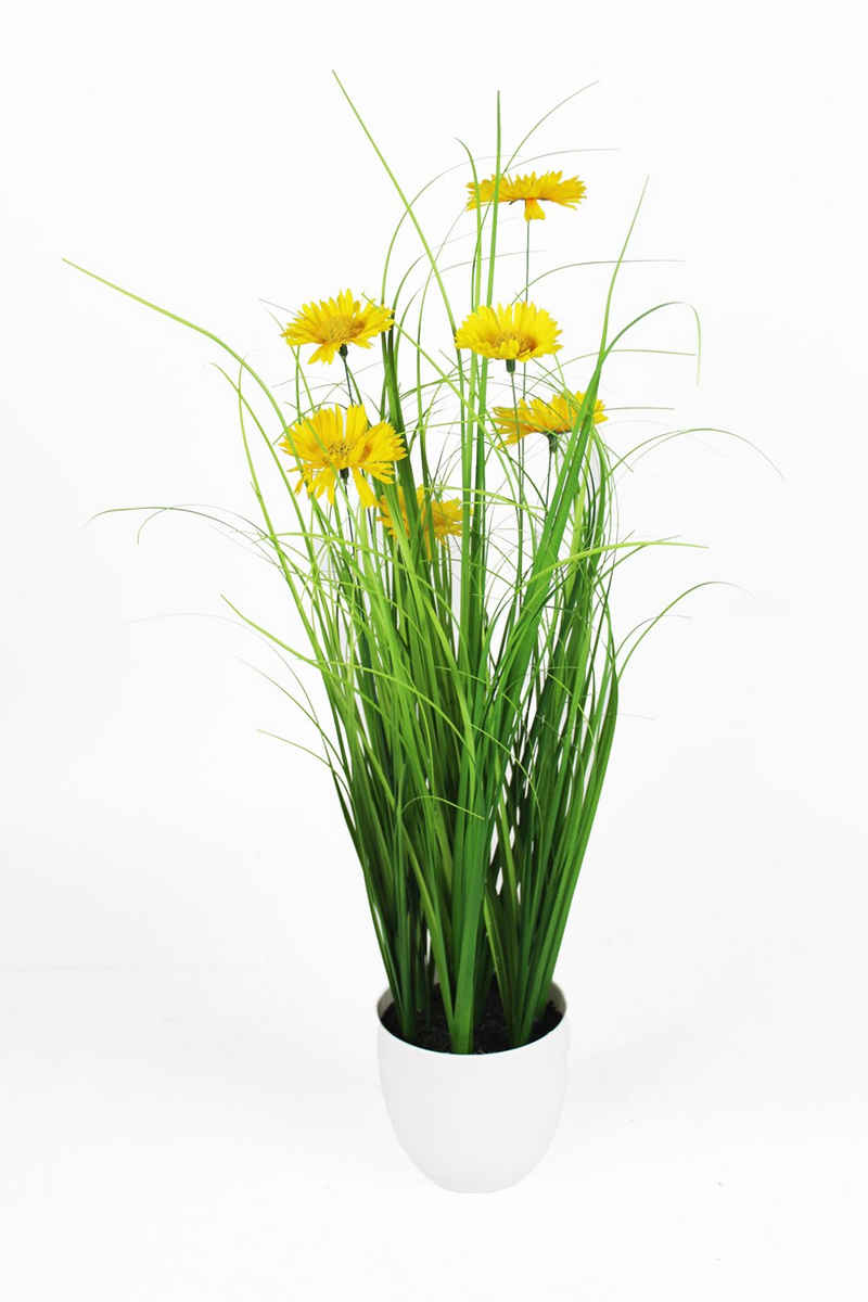 Kunstgras mit Blüten Dekogras 50 cm Gräser, Arnusa, Höhe 50 cm, Kunstpflanze fertig im weißen Topf Kunstpflanze