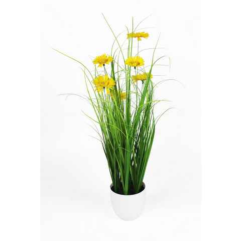Kunstgras mit Blüten Dekogras 50 cm Gräser, Arnusa, Höhe 50 cm, Kunstpflanze fertig im weißen Topf Kunstpflanze