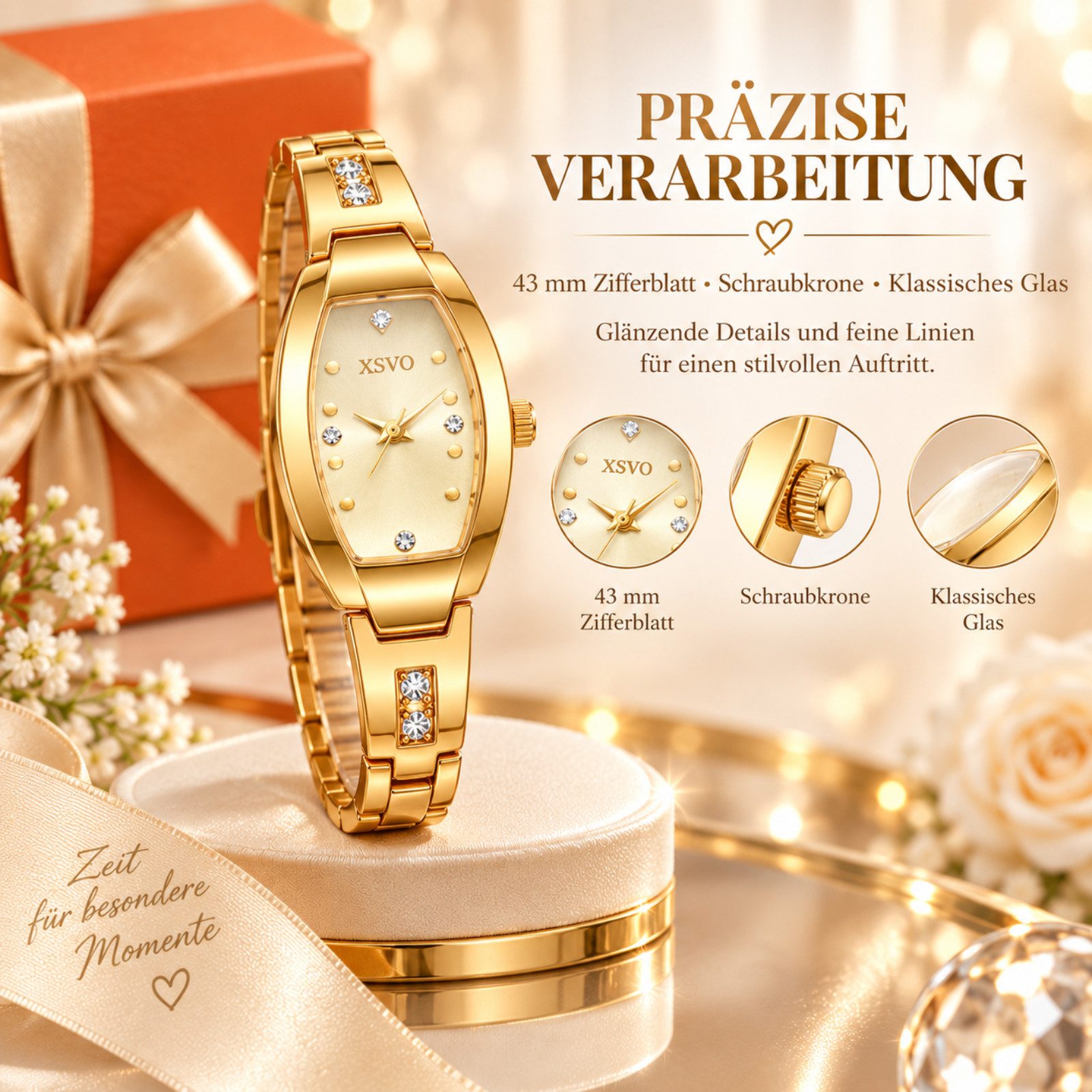 Luckice Quarzuhr Damen Uhr Schmuck Set,Geschenk für Frauen, (mit Geschenkbox & Uhrenarmband-Kürzer, goldfarbenes Damenuhr Set mit Halskette, Armband, Ring & Ohr – Bild 3 von 5