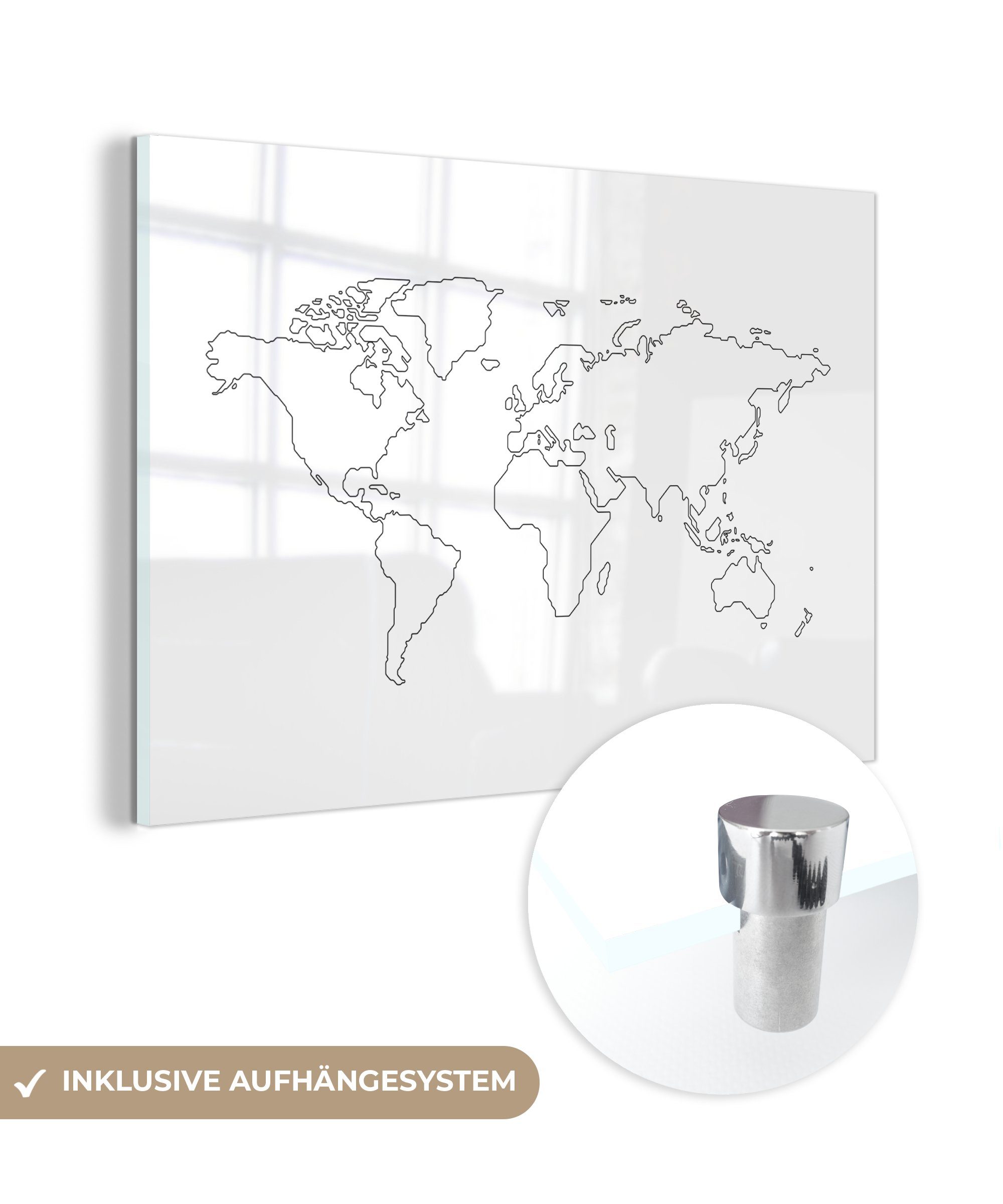 MuchoWow Acrylglasbild Weltkarte - Einfach - Schwarz - Weiß, (1 St), Glasbilder - Bilder auf Glas Wandbild - Foto auf Glas - Wanddekoration