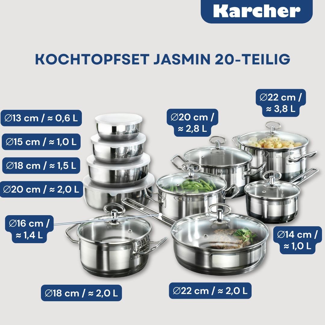 Karcher Topf-Set Kochtopfset Jasmin, Edelstahl (20-tlg), inkl. Glasdeckel und Edelstahl Schüssel Set, Induktion