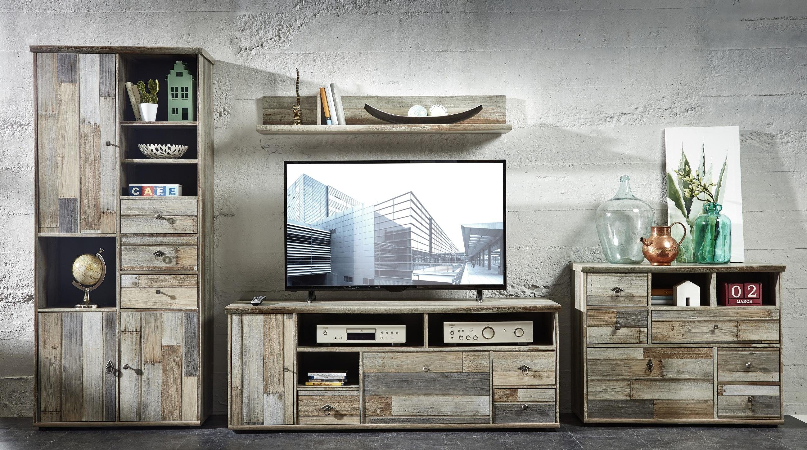 Innostyle Wohnwand Wohnkombination 4-tlg. Vintage BONANZA DD81 - Driftwood Nachbildung, (Komplett-Set, 4-St., 1x Schrank, 1x TV Kommode, 1x Wandboard, 1x Kommode)