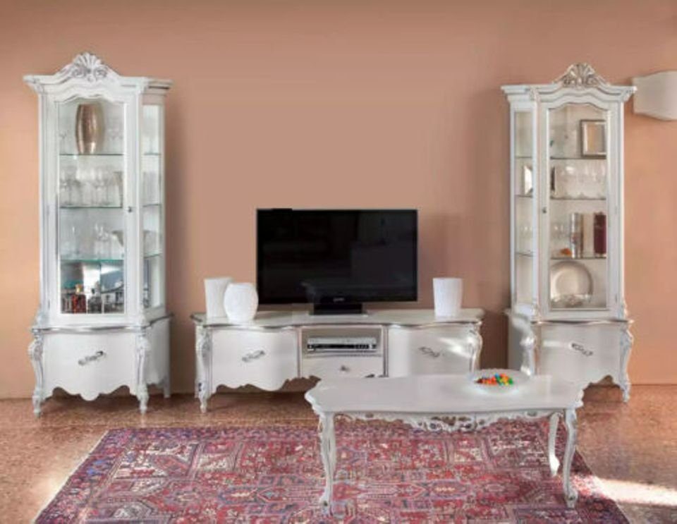 2x TV-Ständer Set + (4-St., TV-Ständer JVmoebel 2x Nur Couchtisch), Vitrine Weißes Italy in Made Couchtisch Vitrine + Wohnwand Wohnzimmer, Wohnwand