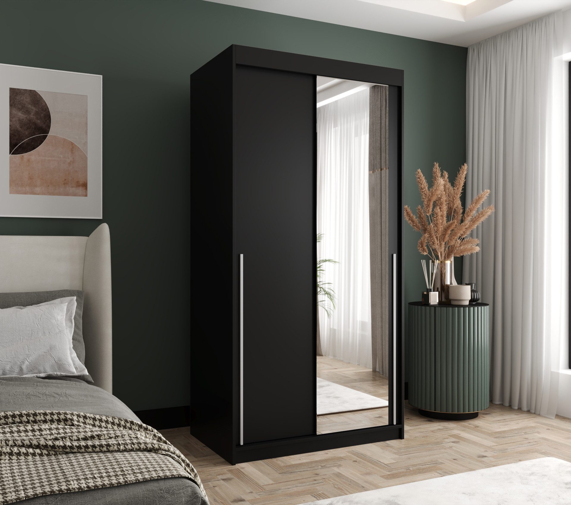 Home Collective Schwebetürenschrank Kleiderschrank Schrank mit Spiegel Schlafzimmer Garderobe geräumig (erhältliche Breiten: 100 cm, 120 cm, 150 cm, 180 cm, 200 cm, 250 cm, Höhe 200cm) 2 Türen, mit Einlegeböden und zwei Kleiderstangen wählbare Handgriffe