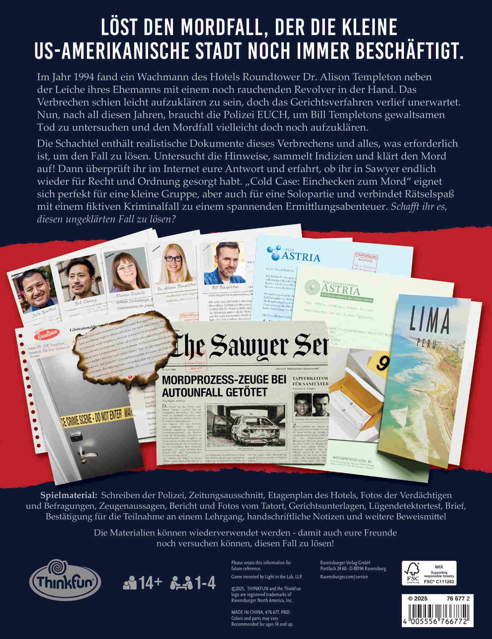 Thinkfun® Spiel Familienspiel Logikspiel Cold Case Einchecken zum Mord 76677