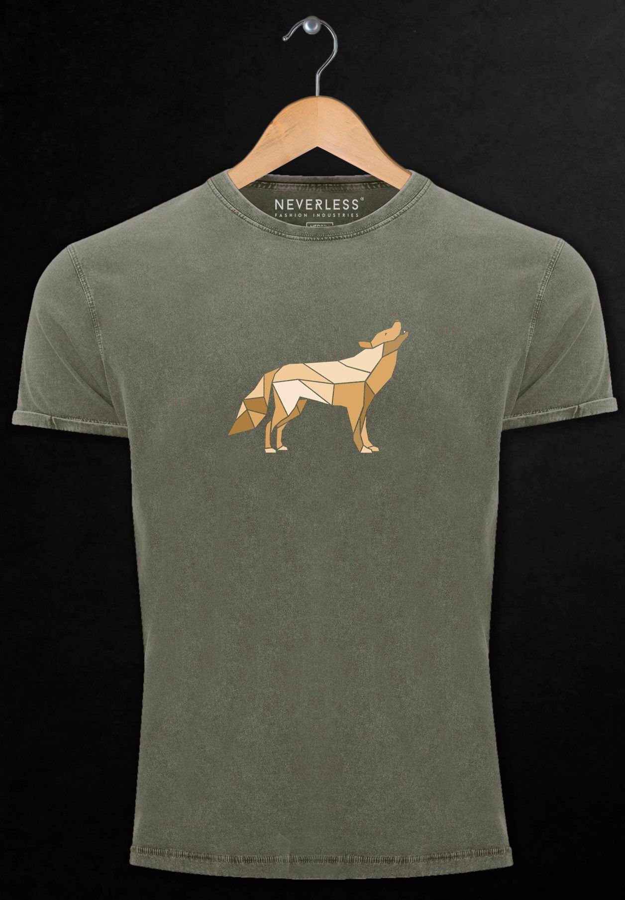 Neverless Print-Shirt Herren Vintage Shirt Geometrie Aufdruck mit Polygon Wil Print Print Outdoor oliv Wolf