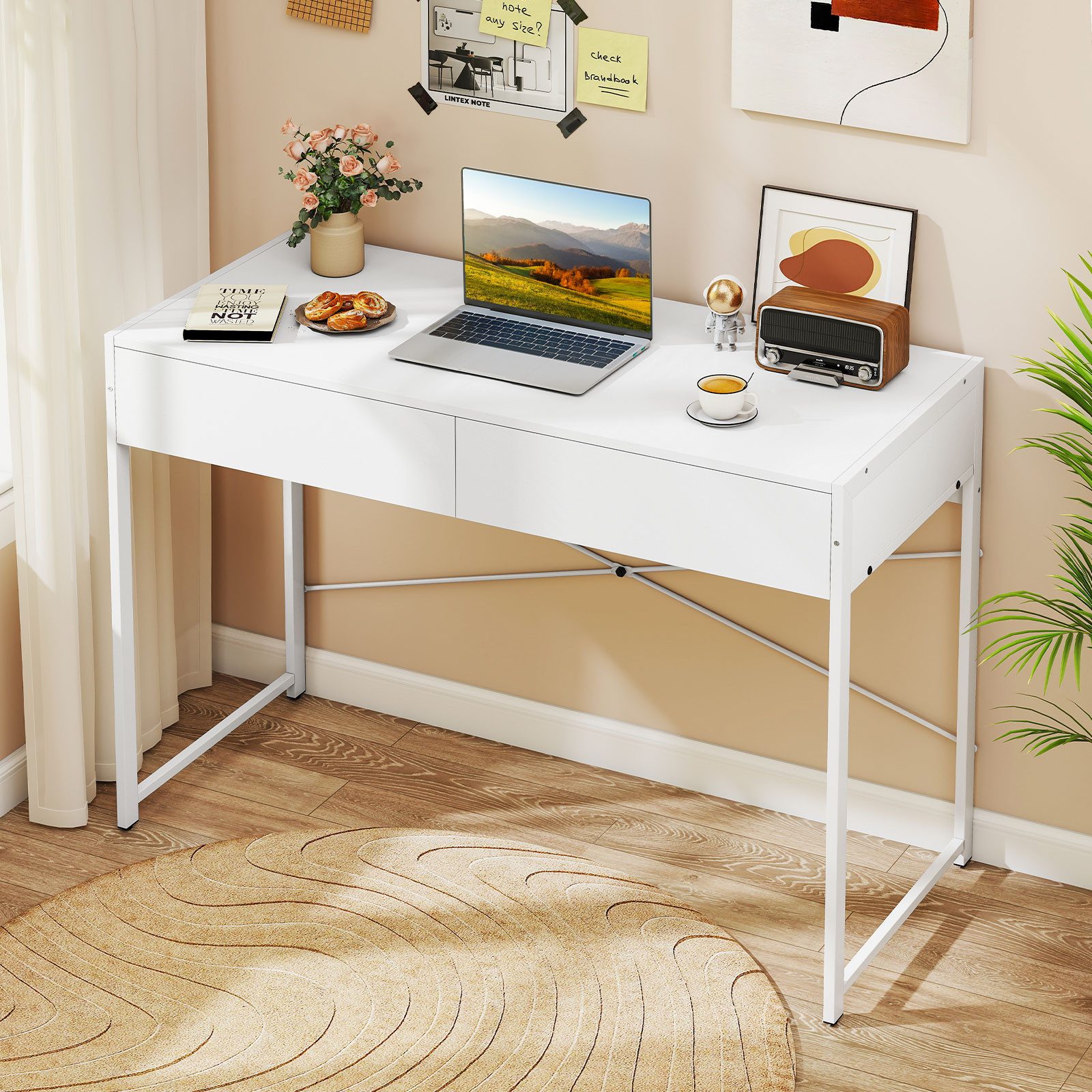 COSTWAY Schreibtisch, mit 2 Schubladen, 100kg belasbar, 112 x 48 x 76 cm