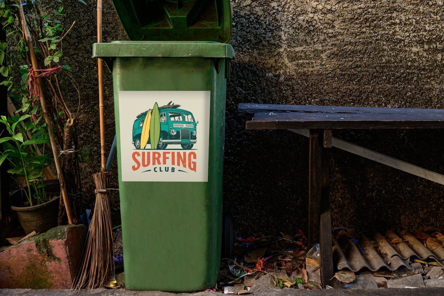 Mülleimer-aufkleber, (1 - Abfalbehälter Container, Sticker, Sommer - MuchoWow Jahrgang Mülltonne, St), Wandsticker Surfen
