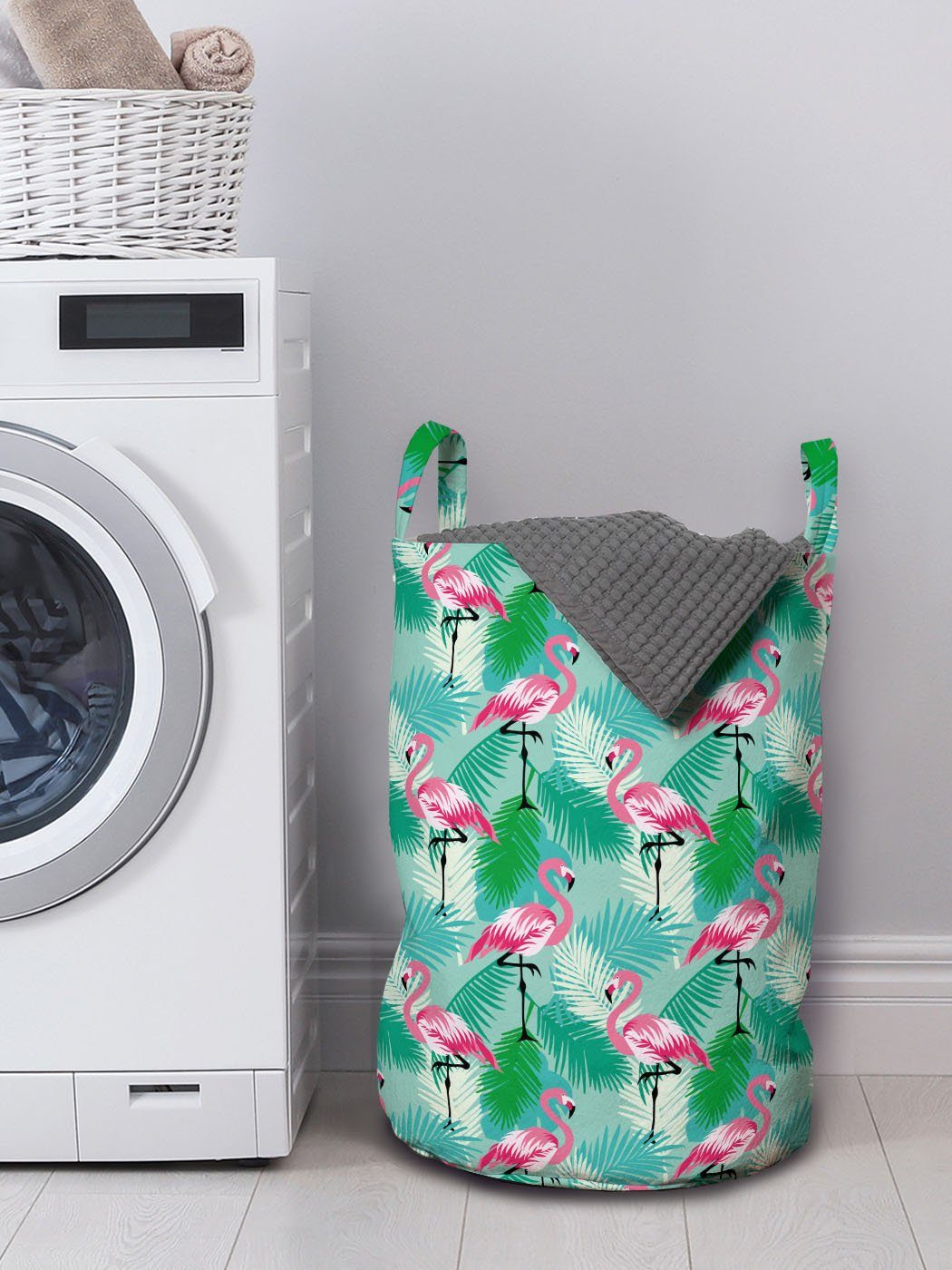 Flamingos Wäschesäckchen Exotisch Waschsalons, für Blätter Kordelzugverschluss Griffen Wäschekorb mit Abakuhaus Stehen