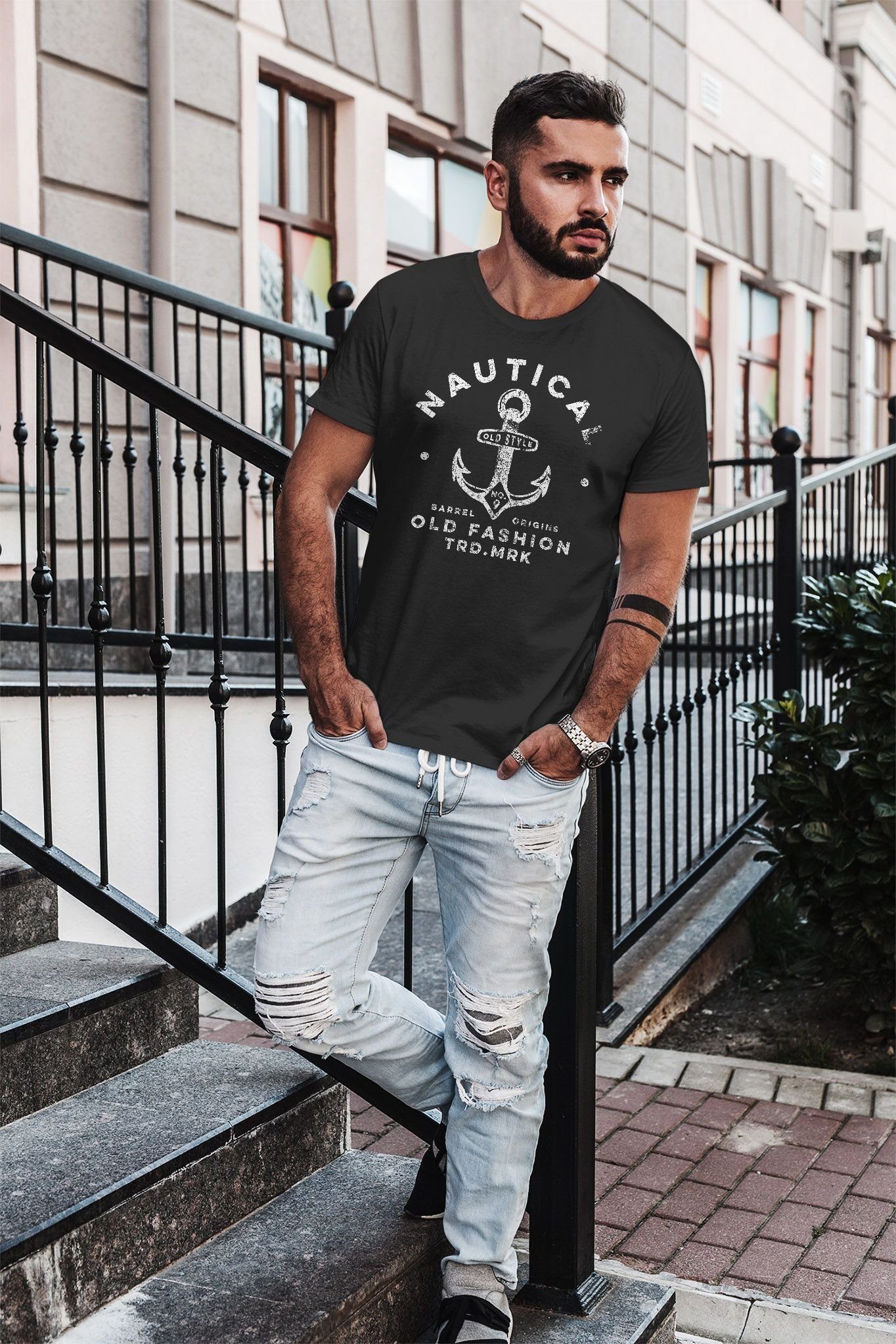 Neverless Print-Shirt Neverless® Herren T-Shirt Anker Motiv Schriftzug Nautical Old Fashion mit Print