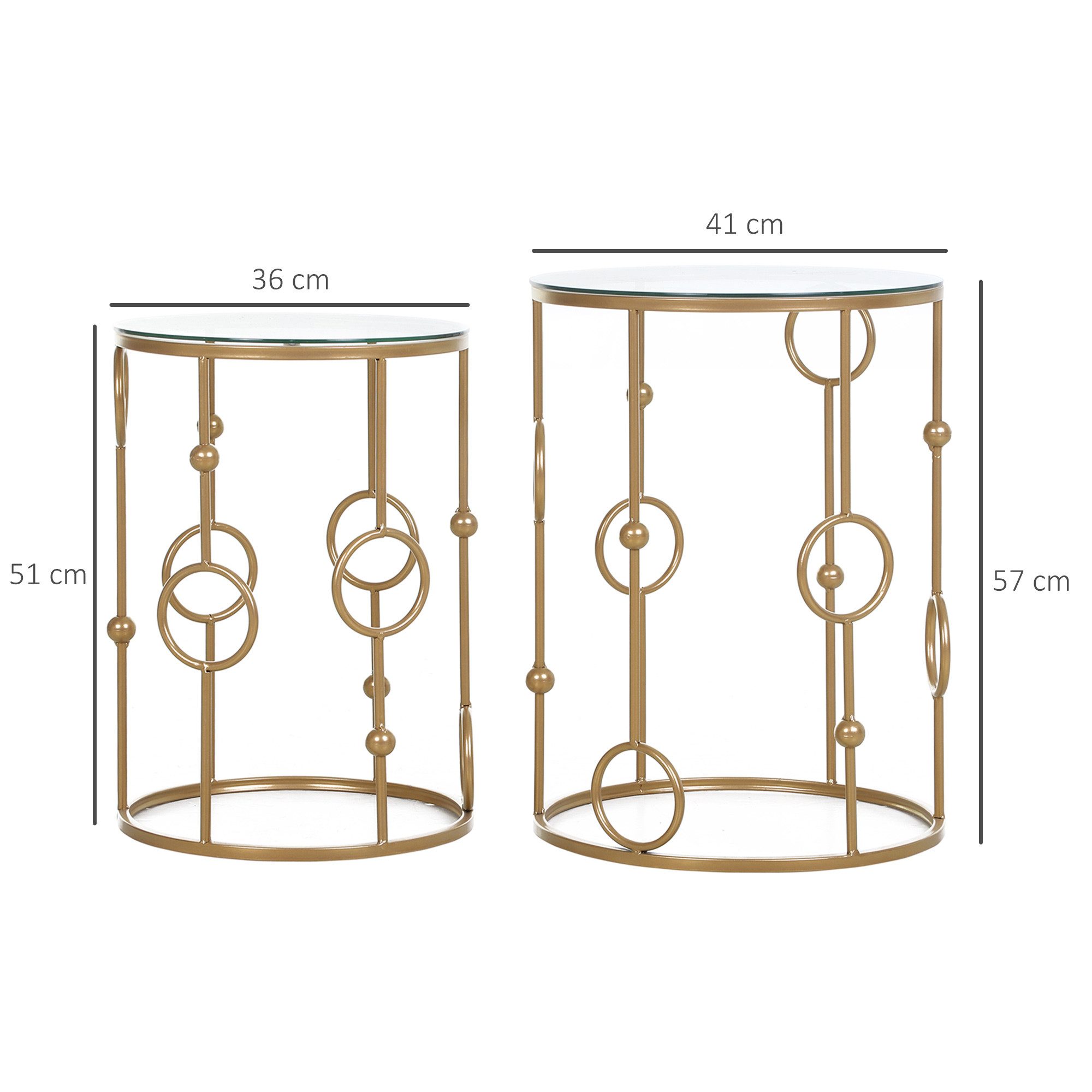 HOMCOM Couchtisch 2er-Set, mit Glasplatte, Reifen- und Kugeldesign (Sofatisch, 2-St., Beistelltisch für Wohnzimme, Balkon), für Wohnzimmer, Schlafzimmer, Flur, Ø41 x 57 cm, Gold