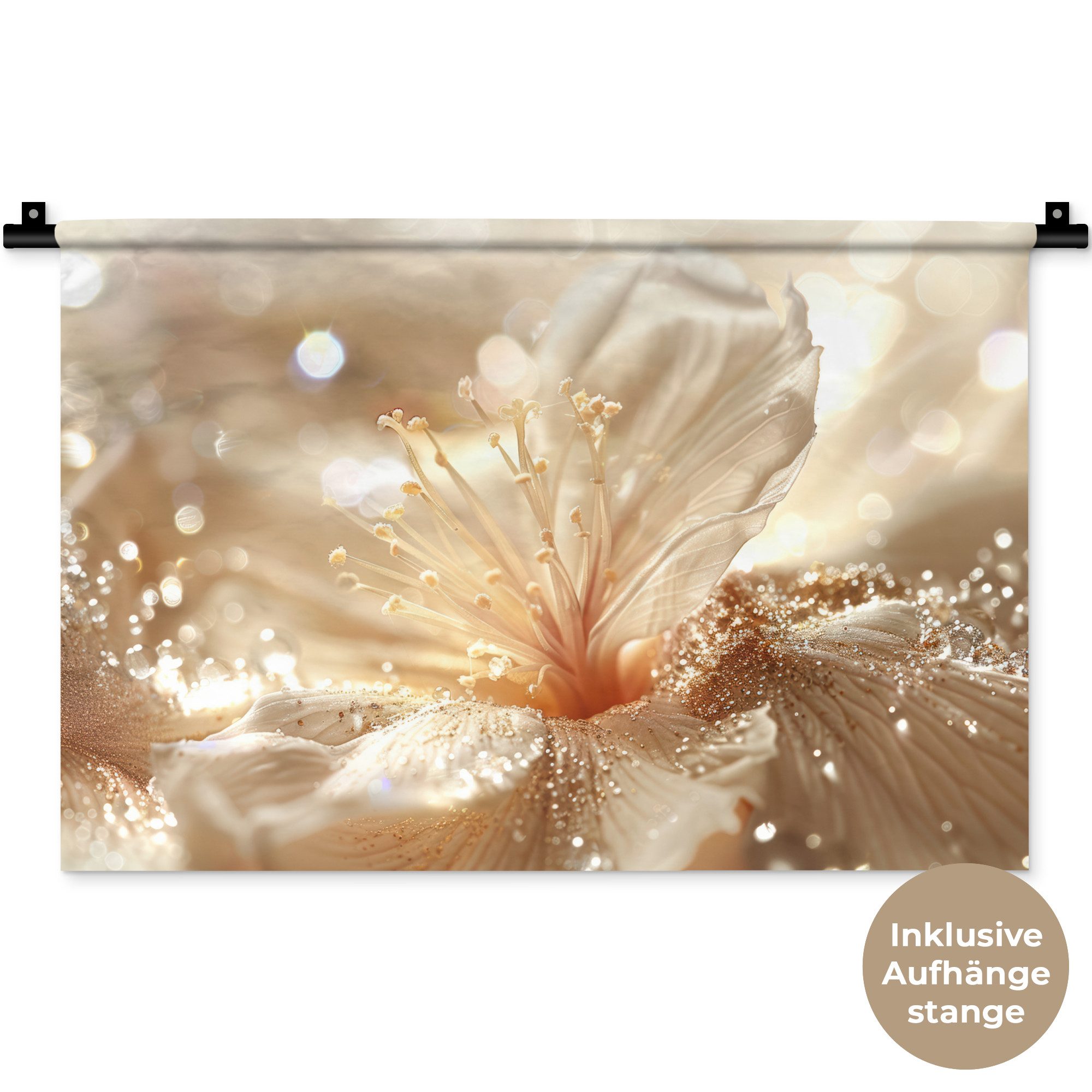 MuchoWow Wandteppich Blume - Weiß - Glitter - Gold - Modern, Rechteckig, Höhe: 3 mm, Wandteppich für Wohnzimmer, Schlafzimmer, 60x40 cm