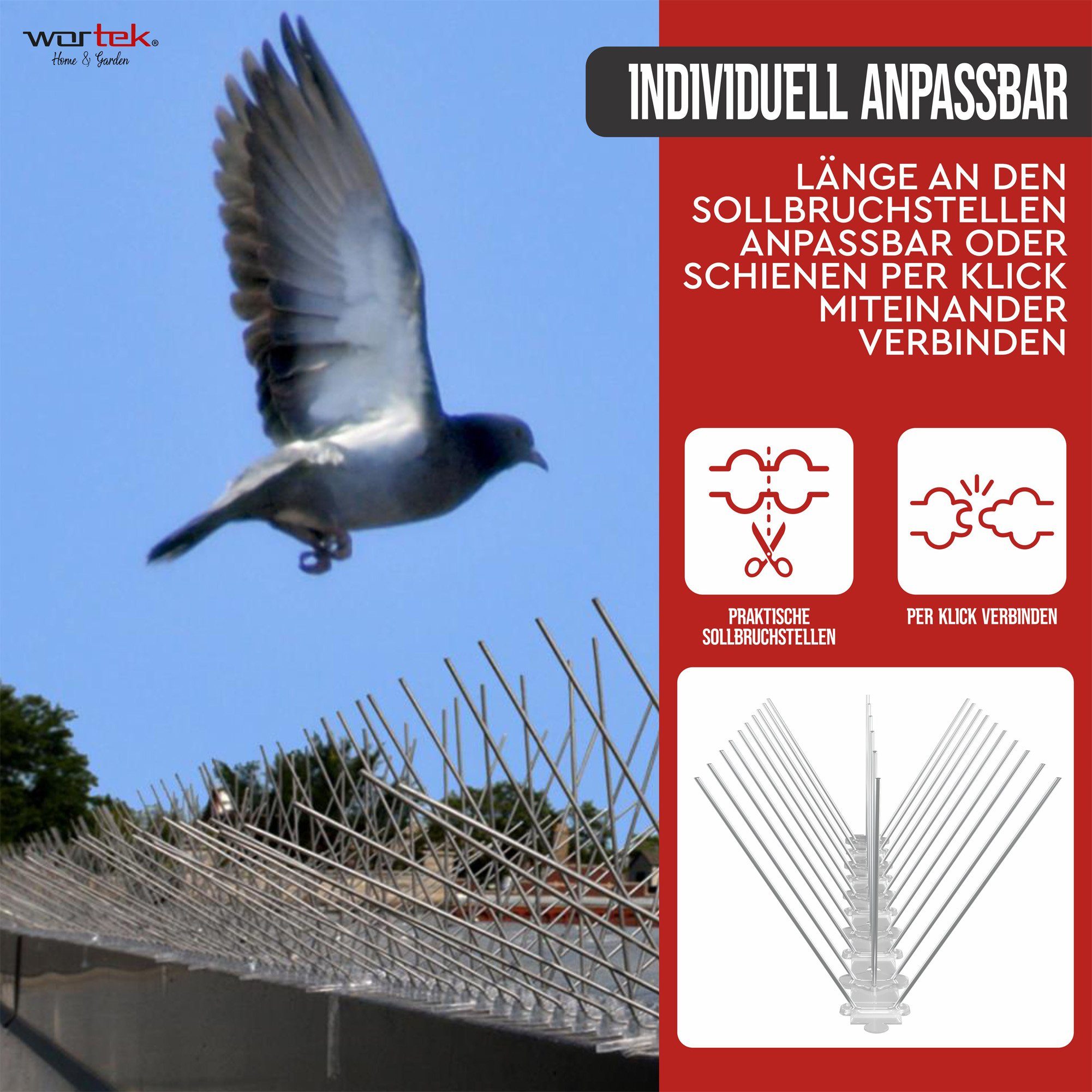 wortek Taubenspikes Taubenschreck Vogelabwehr 3m, Tierfreundliche Taubenabwehr mit Sollbruchstellen