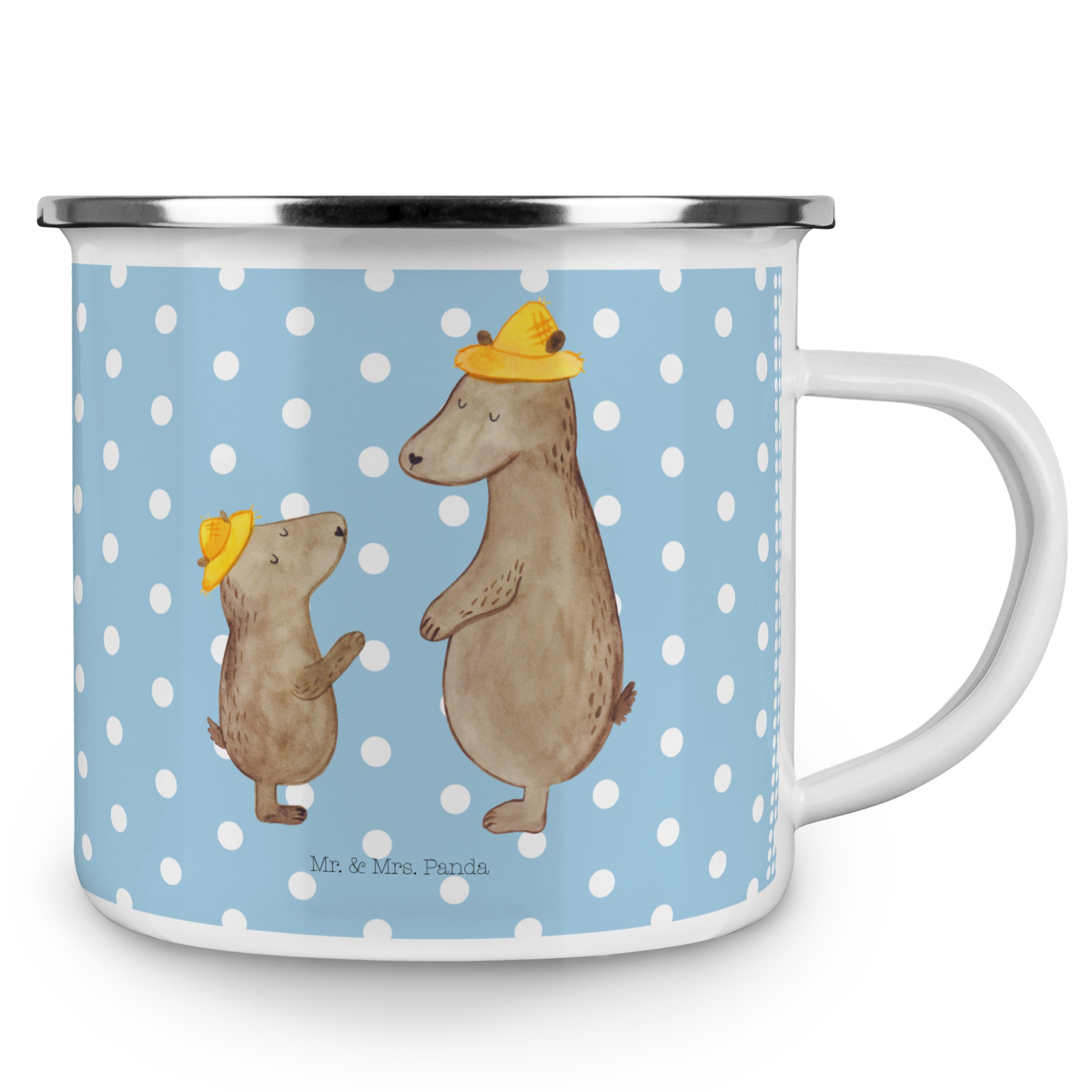 Mr. & Mrs. Panda Becher Bären mit Hut, Teetasse, Blau Pastell, Teebecher, Emaille Tasse, Bär, 1-tlg., Emaille