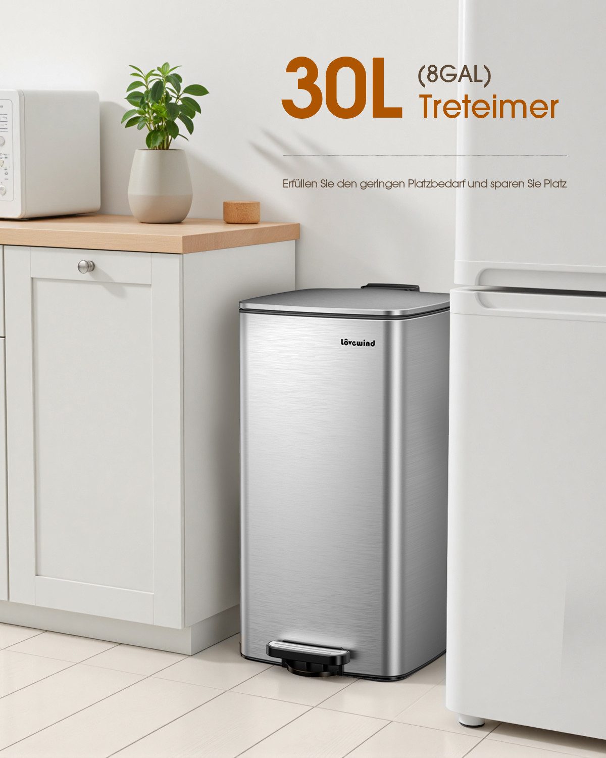Lovewind Mülleimer Mülltrennsystem Rechteckig Treteimer Edelstahl Abfalleimer Küche 30L, 30 L Fassungsvermögen Leise schließende Deckel Edelstahl-Deckeln