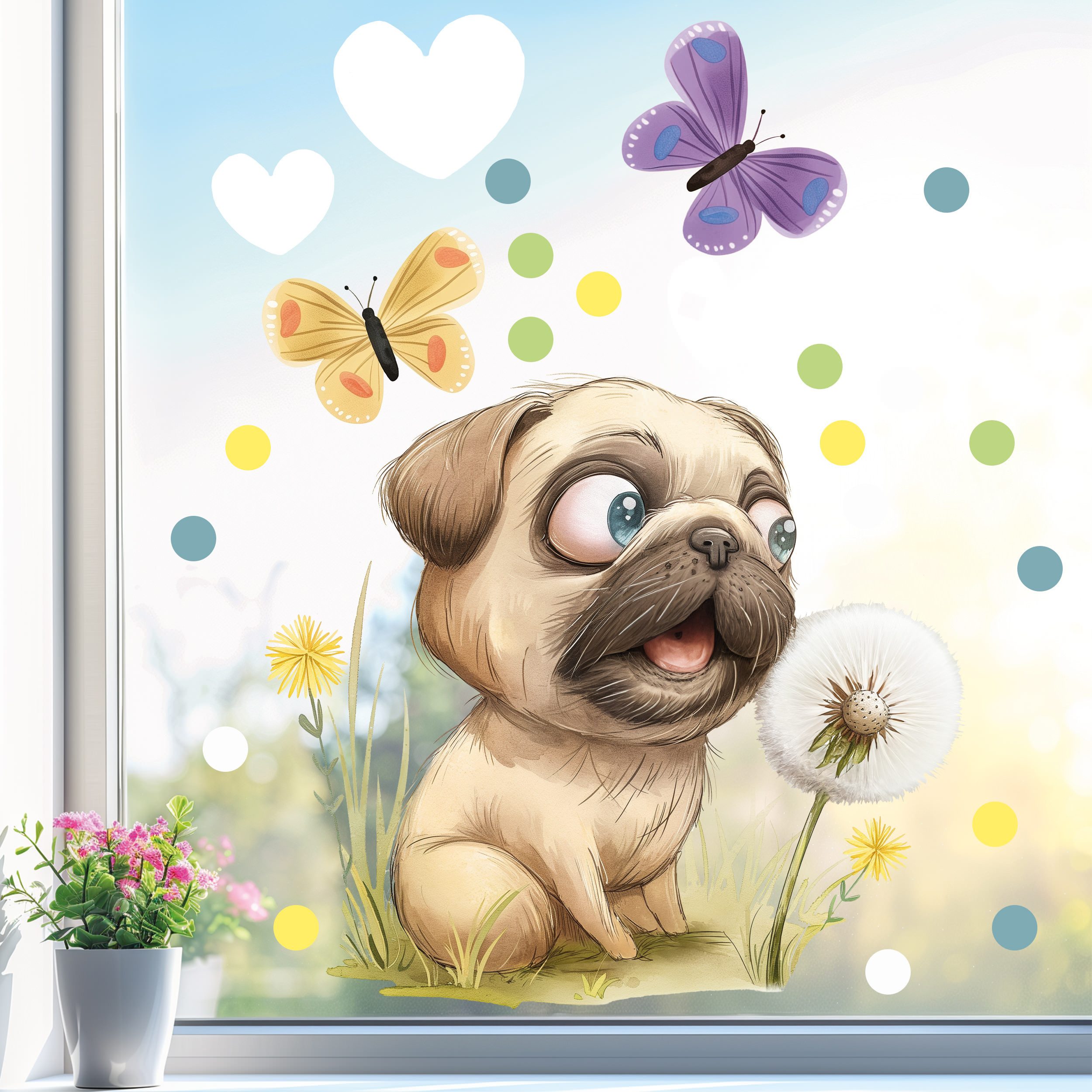 Sunnywall Декорация окна wiederverwendbares Fensterbild neugieriger Mops mit Pusteblume, wiederverwendbar, statisch haftend, beidseitiger Druck