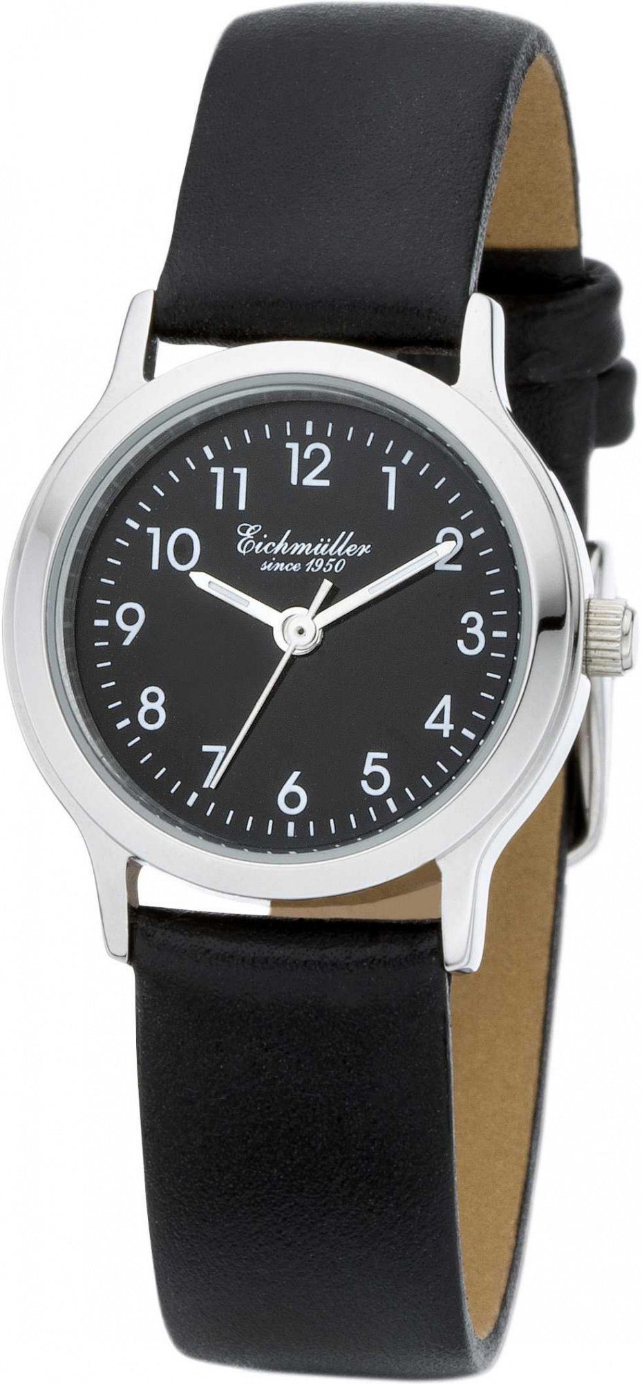 Eichmüller Quarzuhr Damenuhr – Schwarze Armbanduhr 3055-02, mit schwarzem Lederband, 26 mm
