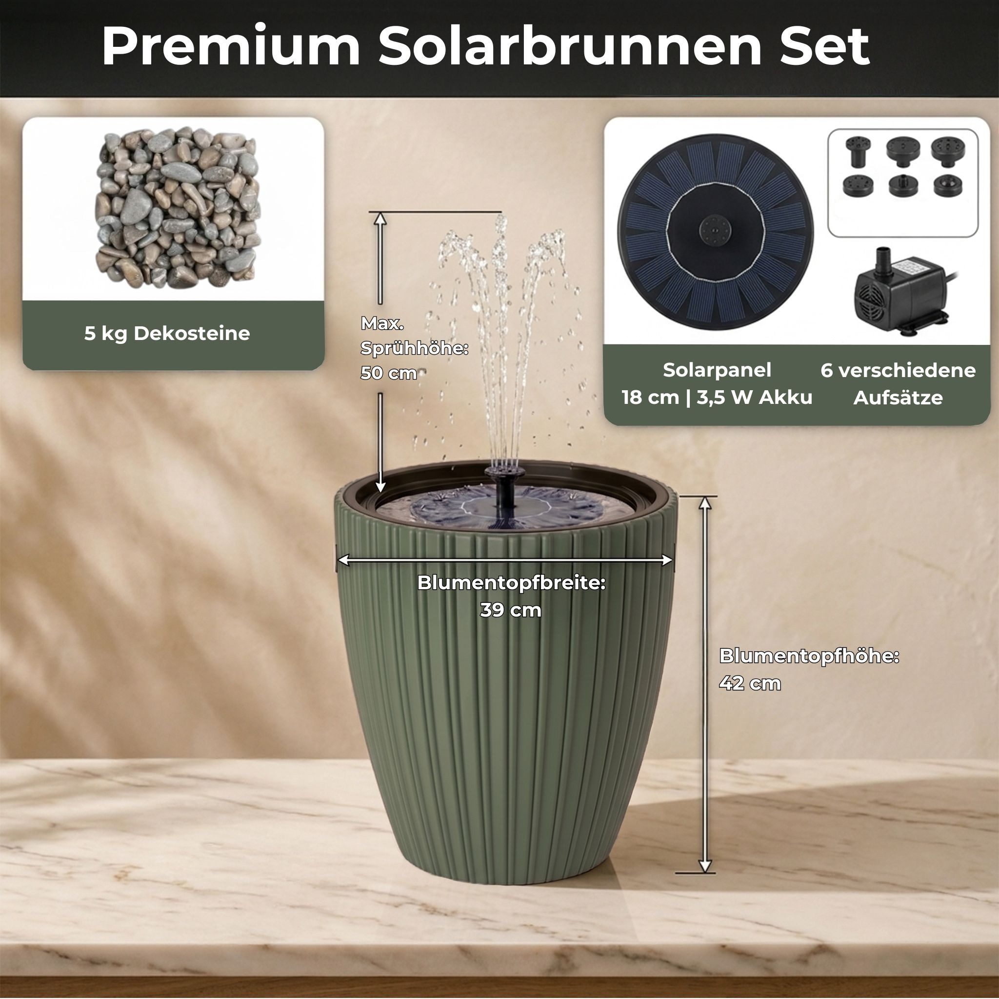 matches21 HOME & HOBBY Wasserspiel Solar LED Springbrunnen Premium Set mit Akku - teegrün, Ø 39 x 42 cm, (1 tlg), Solarbrunnen als Garten und Balkon Zierbrunnen