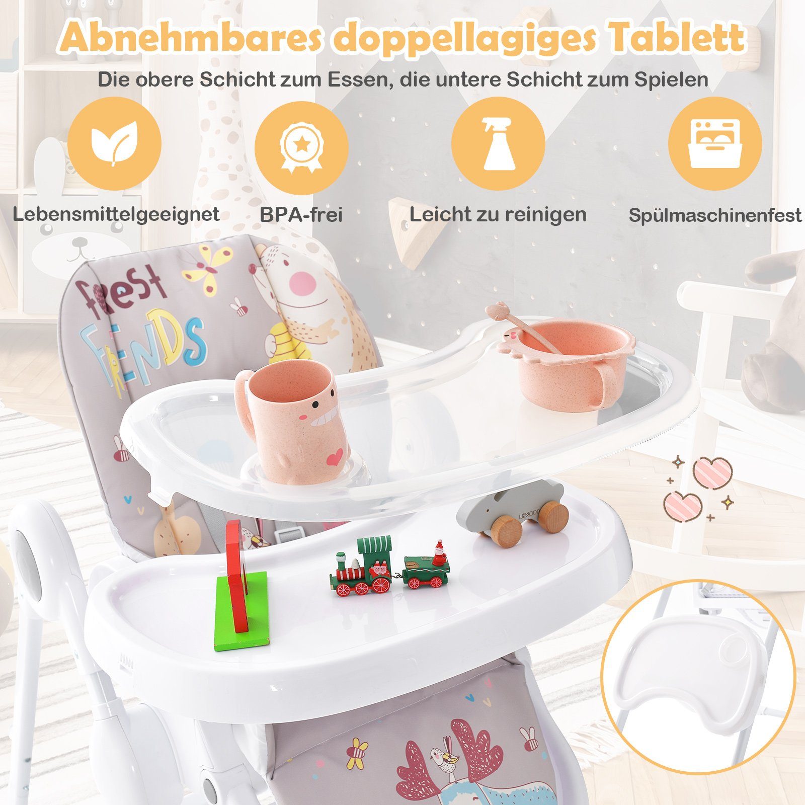 Grau verstellbar klappbarer 3in1 Babyhochstuhl, 7-stufiger COSTWAY Höhen, Hochstuhl,