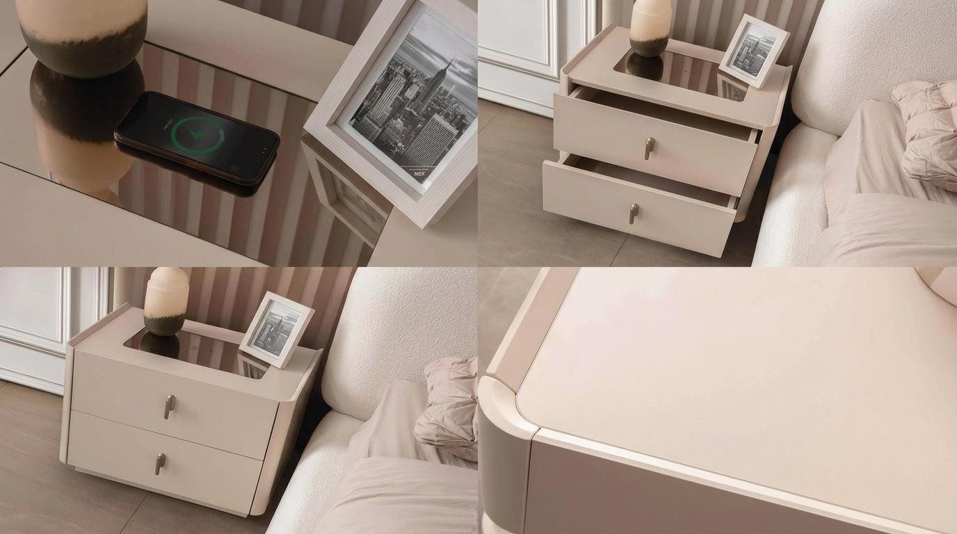 JVmoebel Bettanlage Schlafzimmer Set Bett 2х Nachttische Modern Beige Induktion, (3-tlg), Made in Europa