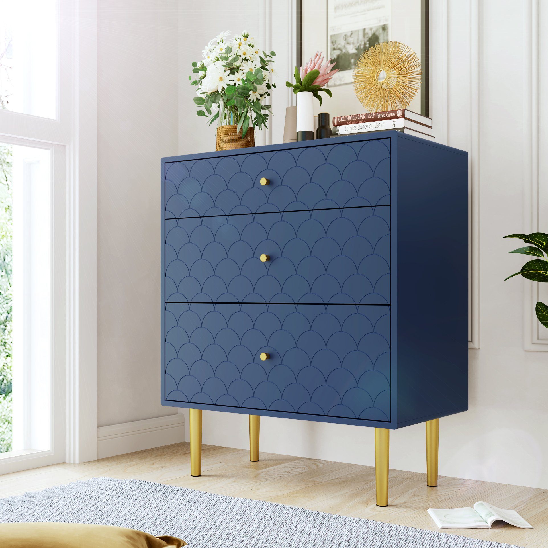 Sideboard Marineblau Kommode, Fischschuppenmuster Flieks 75*40*89cm