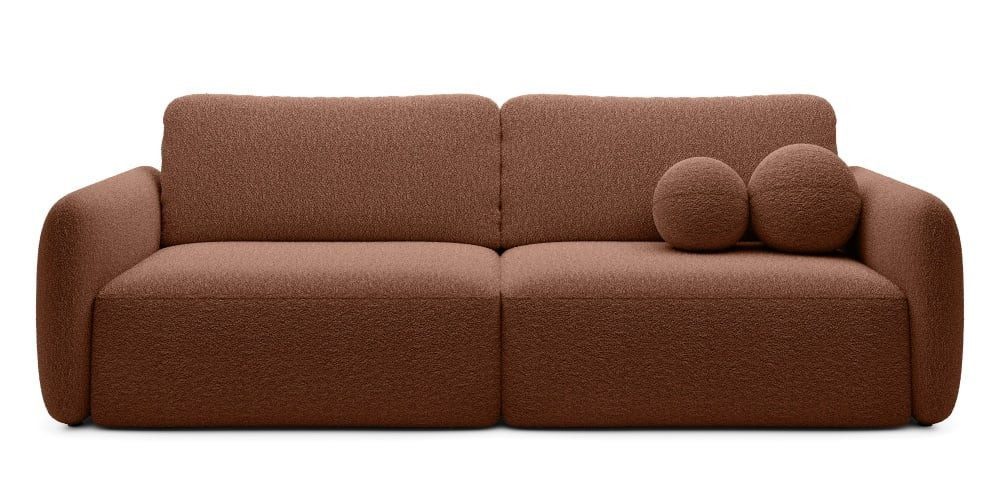 Goldstoff Schlafsofa Boo mit Bouclé-Stoff, Dekorative runde Kissen, ausziehbare Liegefläche