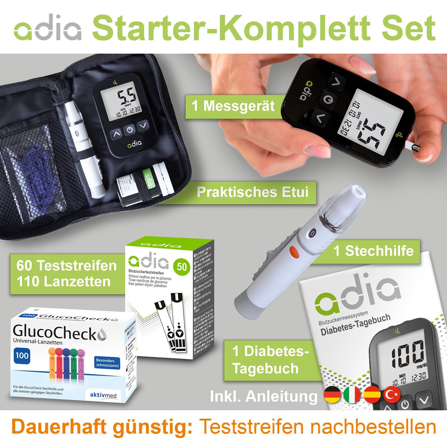 ADIA Blutzuckermessgerät adia Blutzuckermessgerät Set + 60 Teststreifen + 110 Lanzetten mmol/l