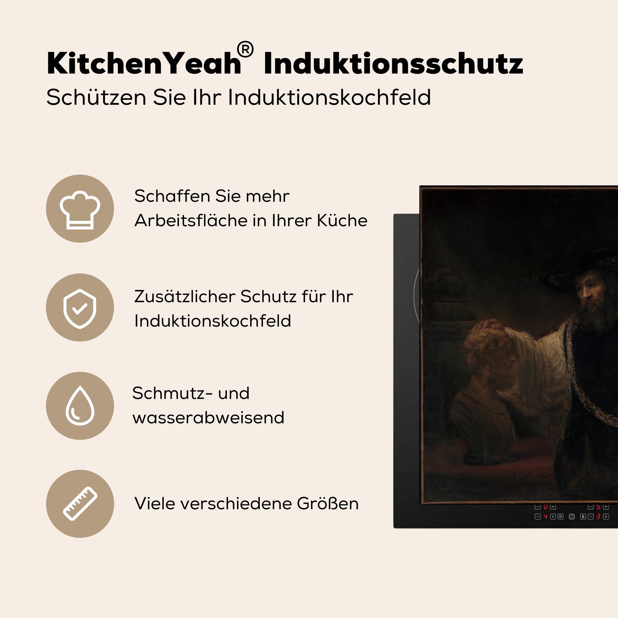 MuchoWow Herdblende-/Abdeckplatte Aristoteles küche Arbeitsplatte für Vinyl, Homer Rembrandt, cm, Ceranfeldabdeckung, tlg), (1 der von an Büste 78x78 