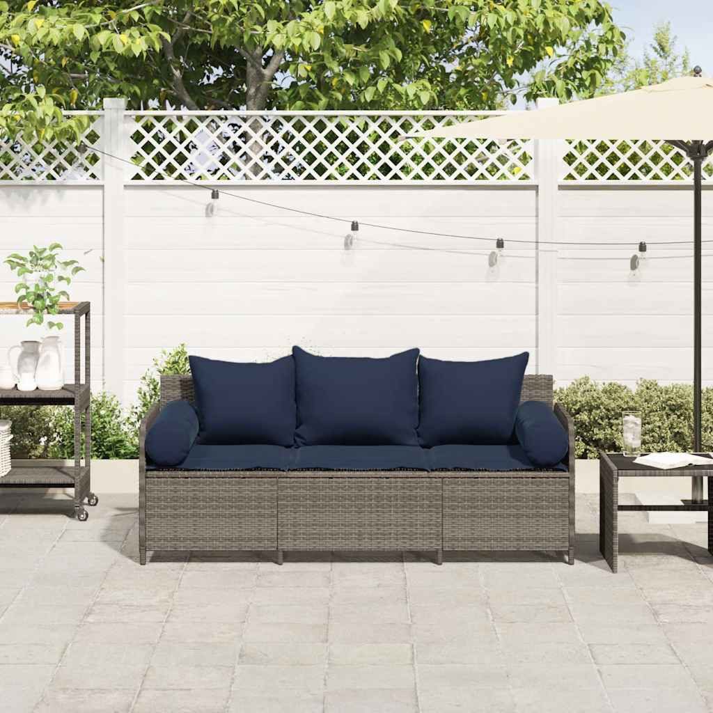 vidaXL Loungesofa Gartensofa mit Kissen 3-Sitzer Grau Poly Rattan, 1 Teile