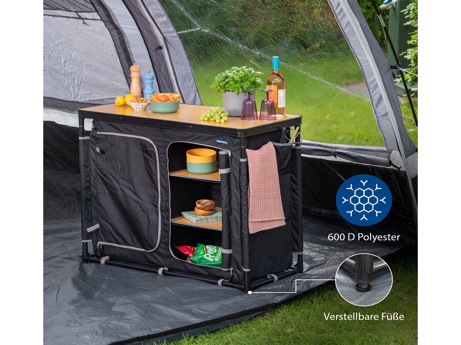 Campart Stoffschrank Camper Holz mobile Outdoor-Schrank Küchen-Box Faltschrank Fächer 6