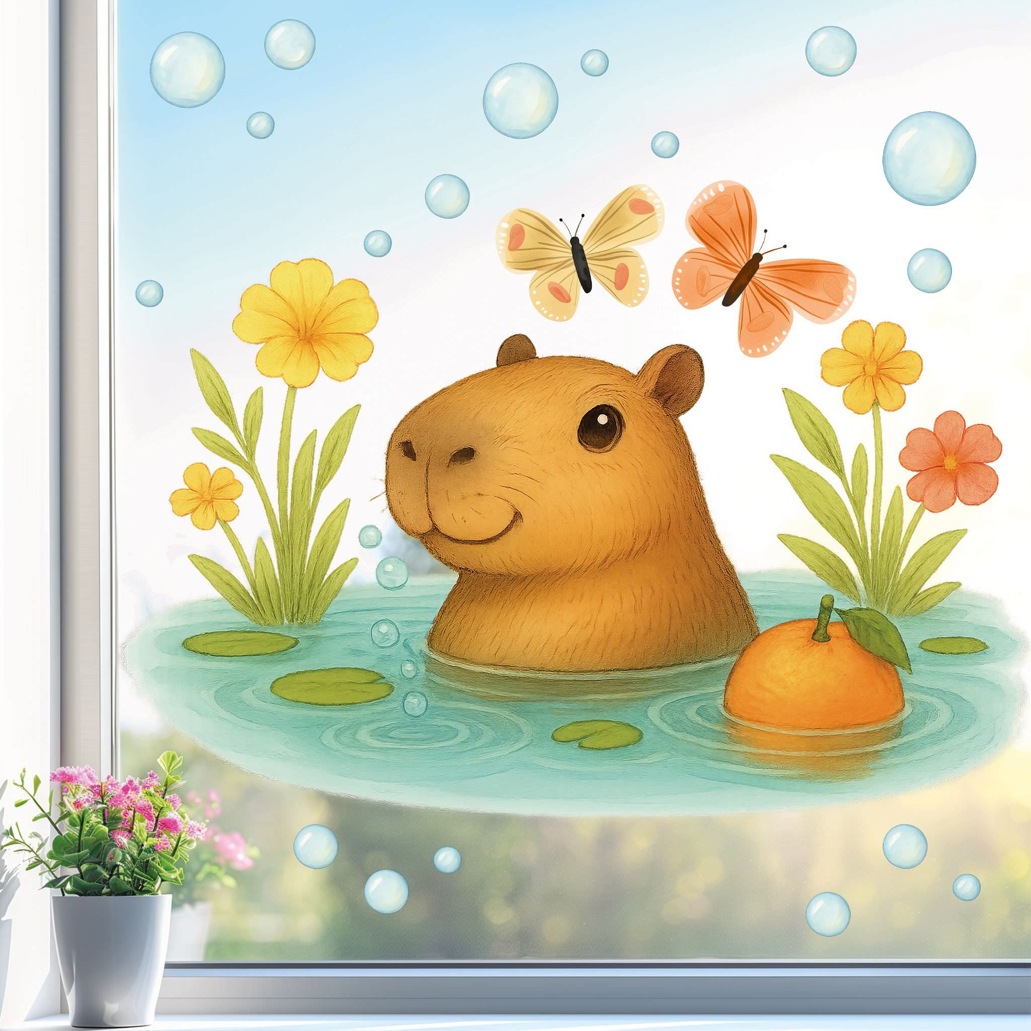 Sunnywall Fensterbild wiederverwendbare Fensterbilder Capybara im Wasser, statisch haftend, beidseitig bedruckt