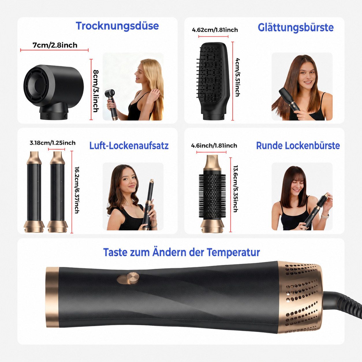 UKLISS Multihaarstyler 5-in-1 Haarstyler, Rundbürste, Haartrockner, Lockenstab und Glätteisen, 3 Temperaturstufen für Volumen, Glätten, Locken und Föhnfrisuren