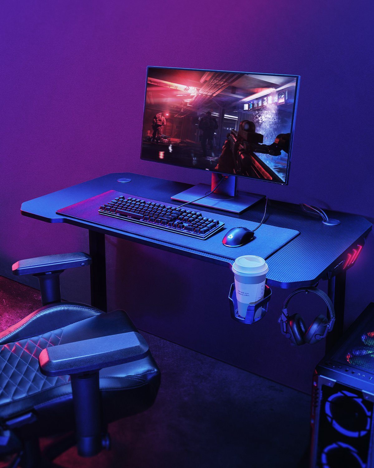 mit AUKEY RGB Getränkehalter Schreibtisch Computertisch, Schwarz Gaming Beleuchtung