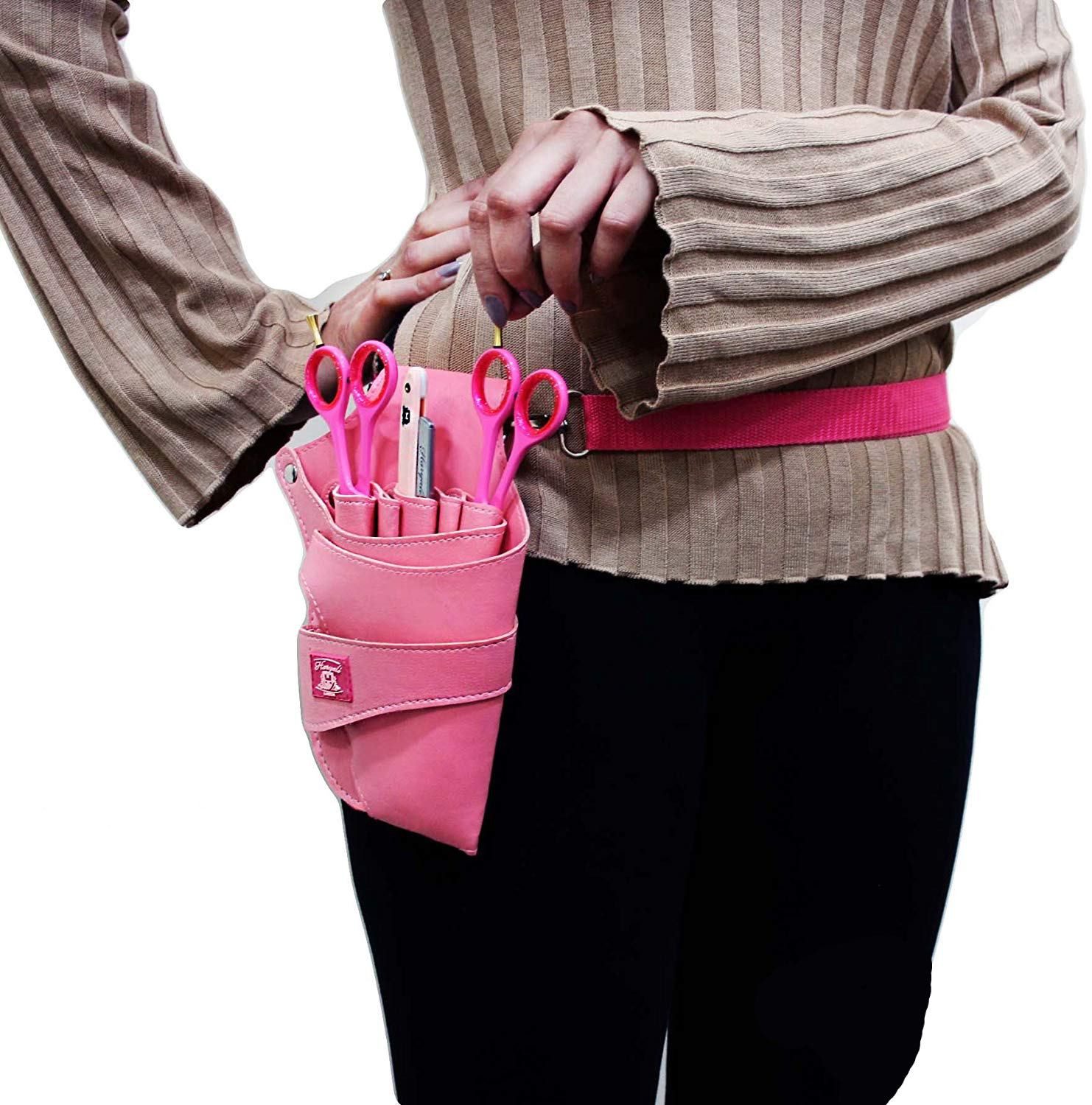 Haryali London Rasierer-Etui Scherenholster Tasche für Friseurscheren, rosa Leder Gürteltasche, In diese Tasche passen mehrere Scheren.