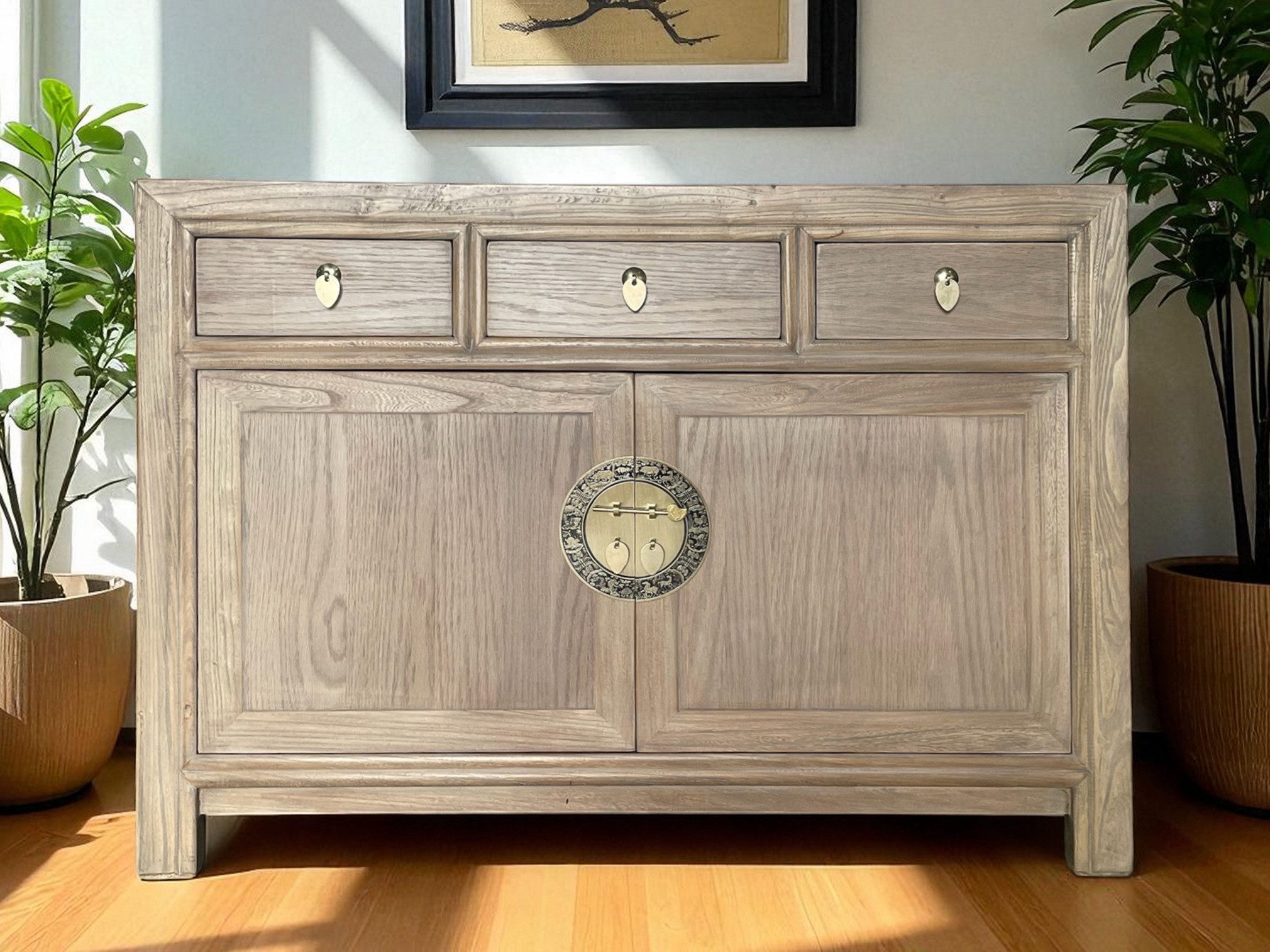 OPIUM OUTLET Kommode Vintage Schrank Sideboard natur asiatisch chinesisch orientalisch (B x T x H: 117 x 40 x 85 cm, Anrichte Buffet natur-braun), Asia Möbel Hochzeitsschrank komplett montiert