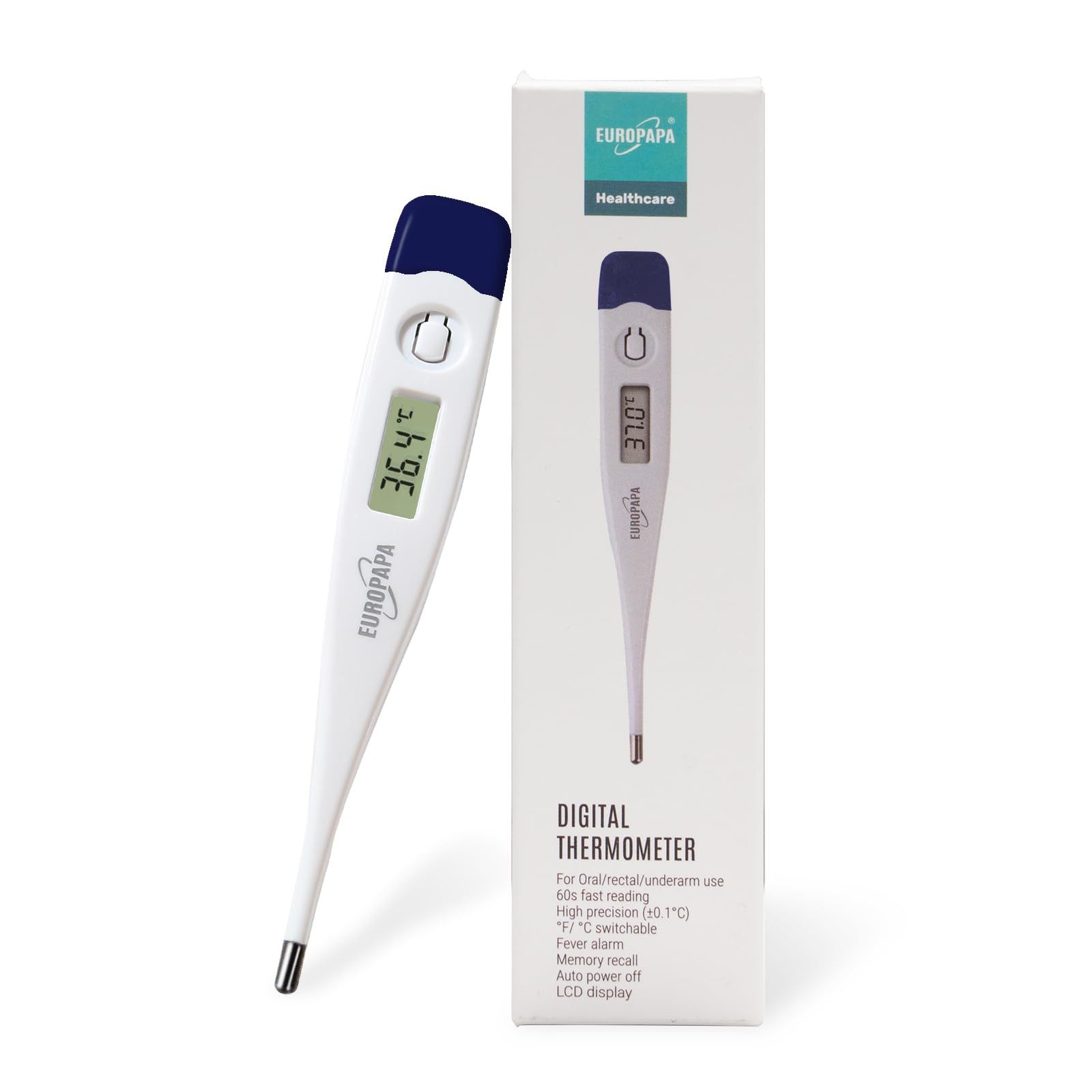 EUROPAPA Fieberthermometer Digitales Fieberthermometer für Babys, 1-tlg., Kinder und Erwachsene, Thermometer für oral, axillar oder rektal, wasserdicht mit Fieberalarm