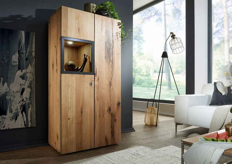 Massivmoebel24 Highboard FRANKFURT (66x43x138 modernes Designer Massivholz Highboard, kleine Vitrine im ausgefallenen Design aus massivem Wildeiche / Zerreiche - montiert)