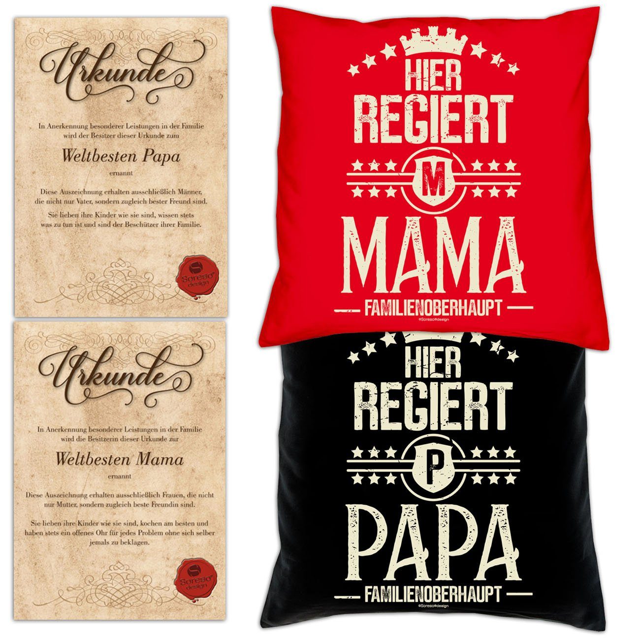 Urkunden, Soreso® Papa Eltern mit rot regiert regiert Kissen-Set Dekokissen Mama Hier für Hier Weihnachtsgeschenk