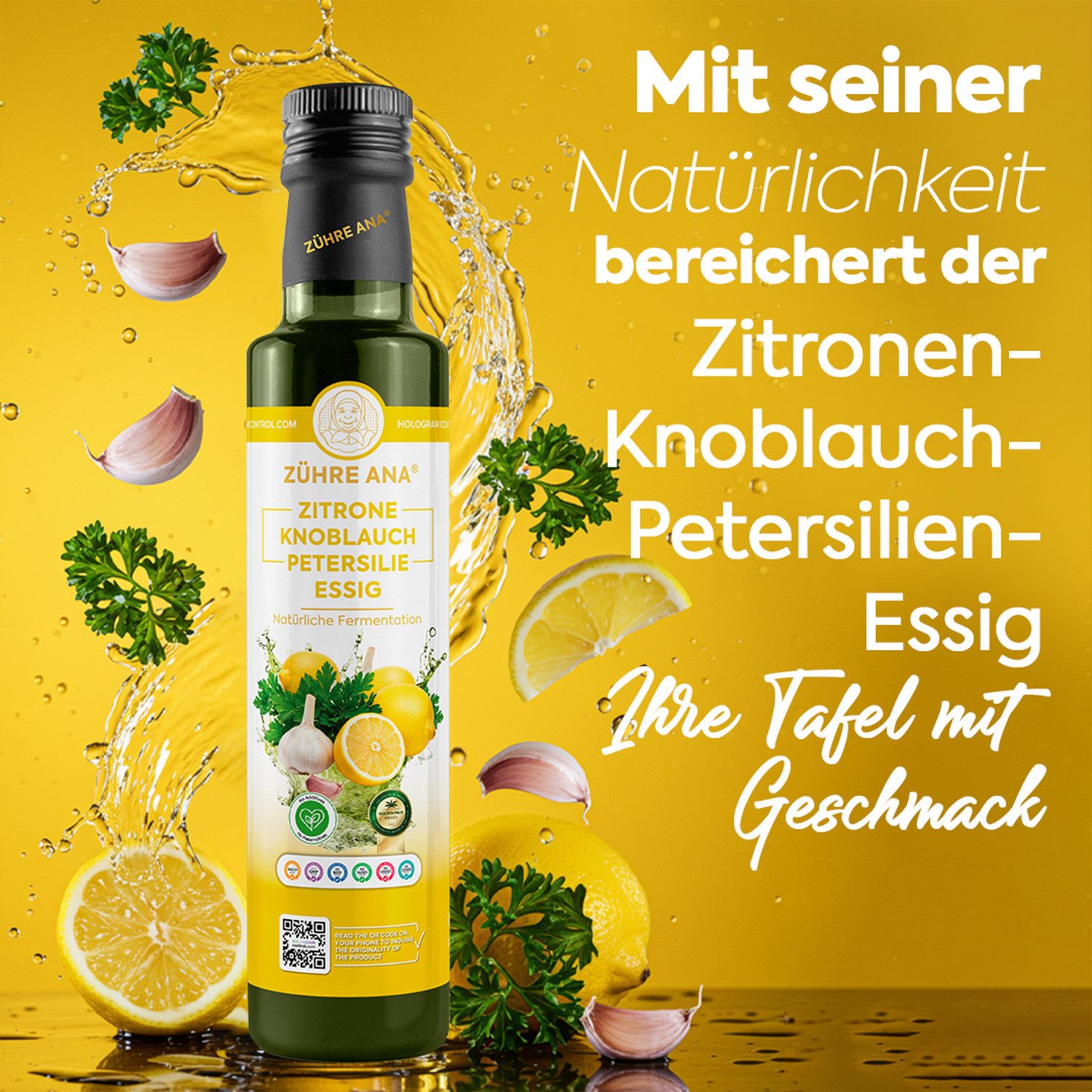 Zühre Ana® Essig Zitrone Knoblauch Petersilie Essig- Natürlich & Ungefiltert, 500 ml, Traditioneller Essig für Tisch und Küche