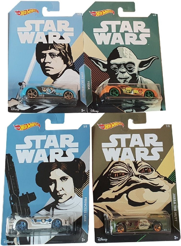 Mattel® Spielzeug-Auto Hot Wheels FKD57 Star Wars Fahrzeuge 4er Pack mit, (Star Wars Fahrzeuge Luke Skywalker Yoda Princess Leia Jabba de Hutt)