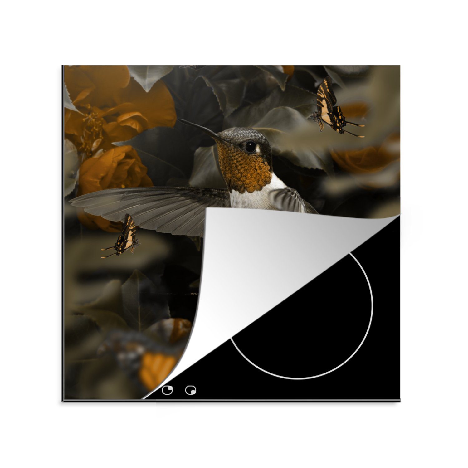 MuchoWow Herdblende-/Abdeckplatte Kolibri - Wald - Schmetterlinge, Vinyl, (1 tlg), 78x78 cm, Ceranfeldabdeckung, Arbeitsplatte für küche